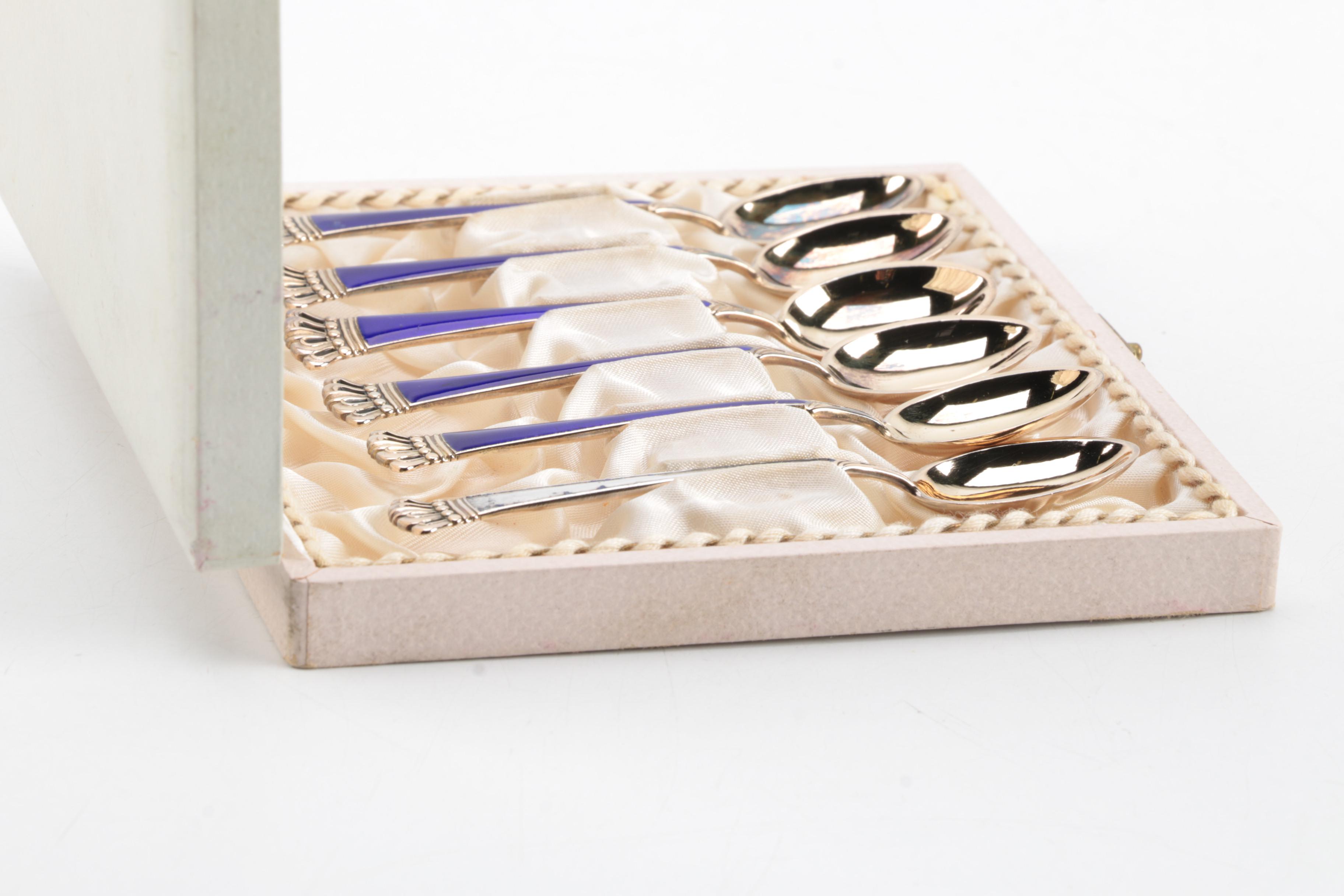 Egon Lauridsen Danish Sterling Silver and Enamel Crown Tip Demitasse Spoons