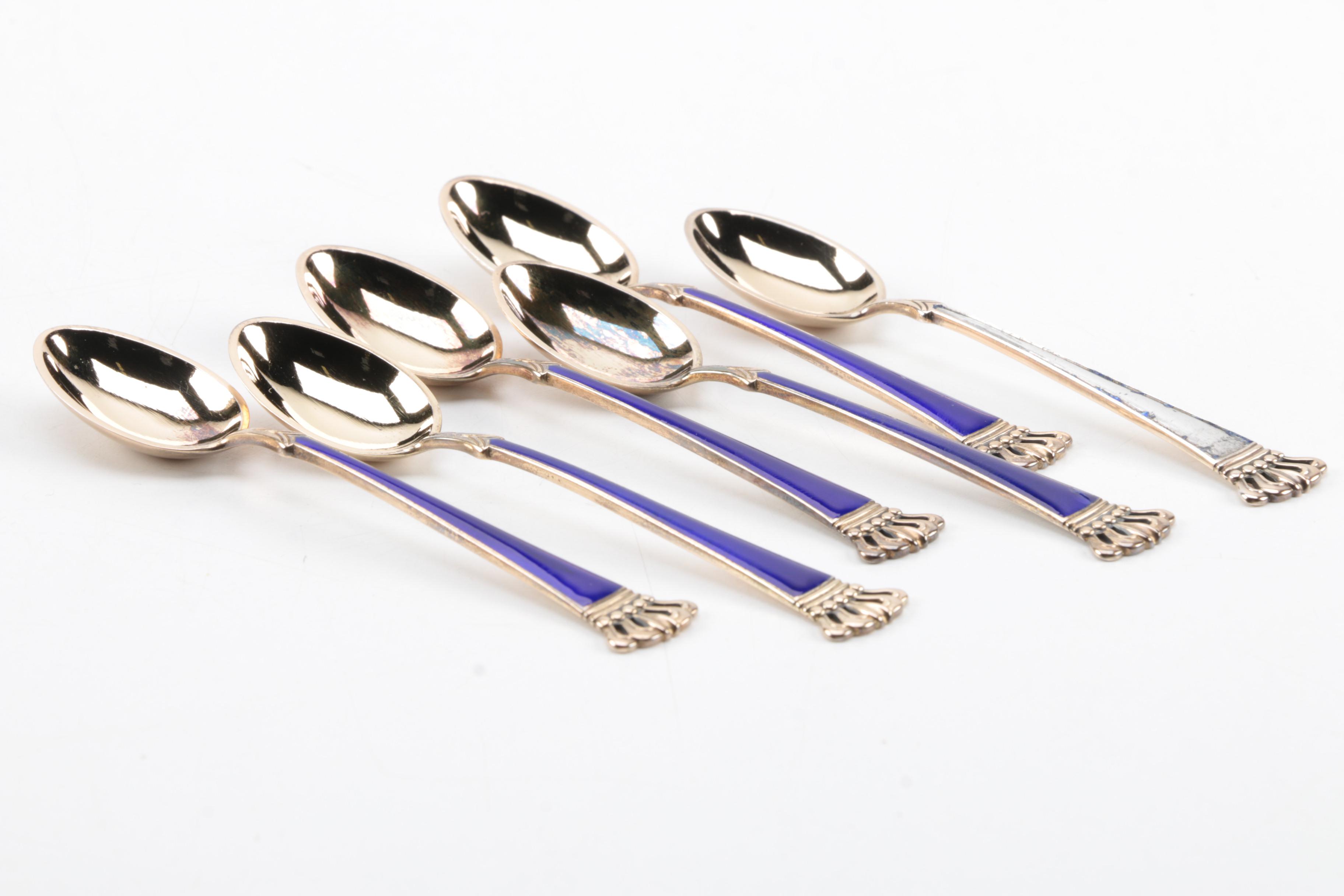 Egon Lauridsen Danish Sterling Silver and Enamel Crown Tip Demitasse Spoons