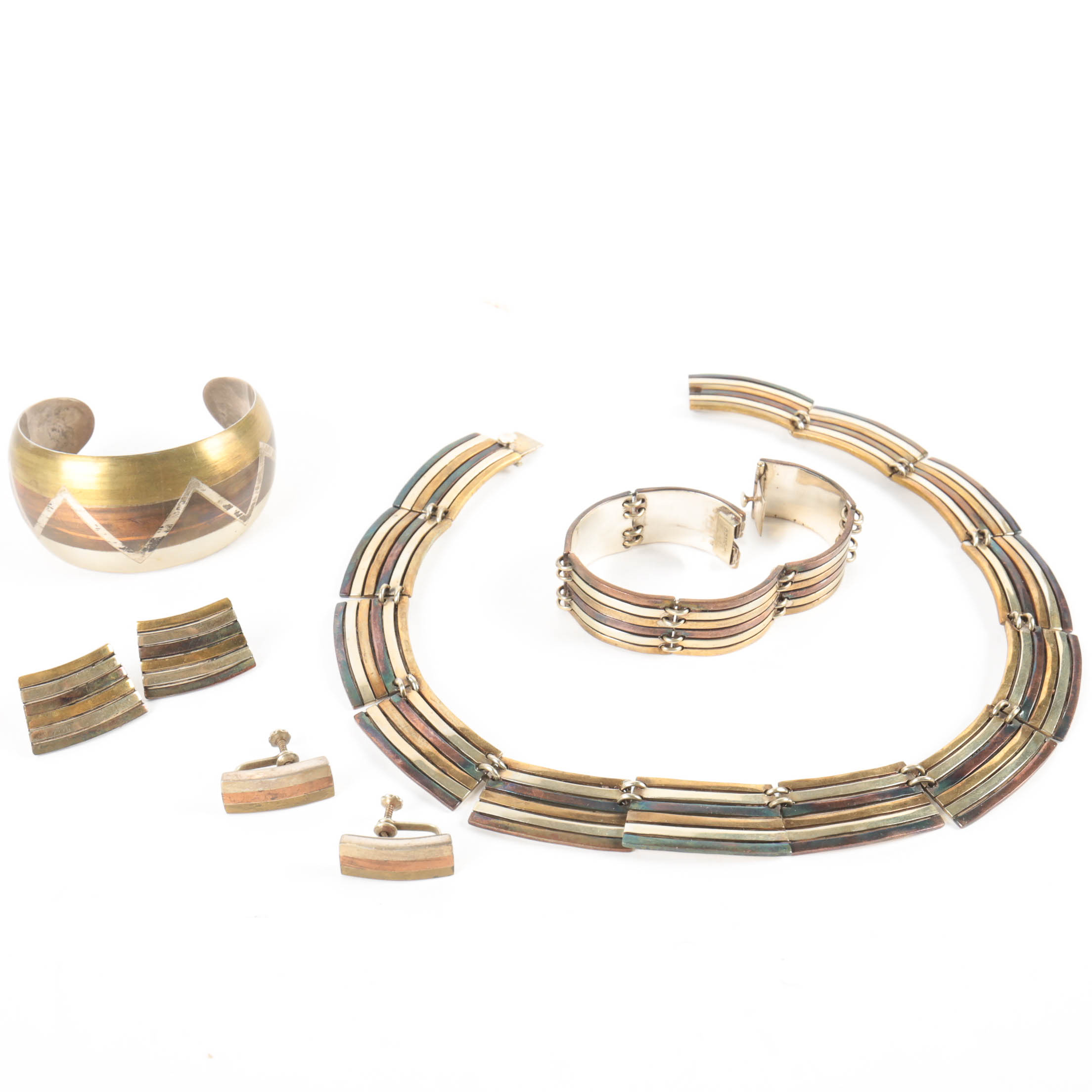 Mexican Sterling Silver Jewelry Full Parure With Married Bracelet