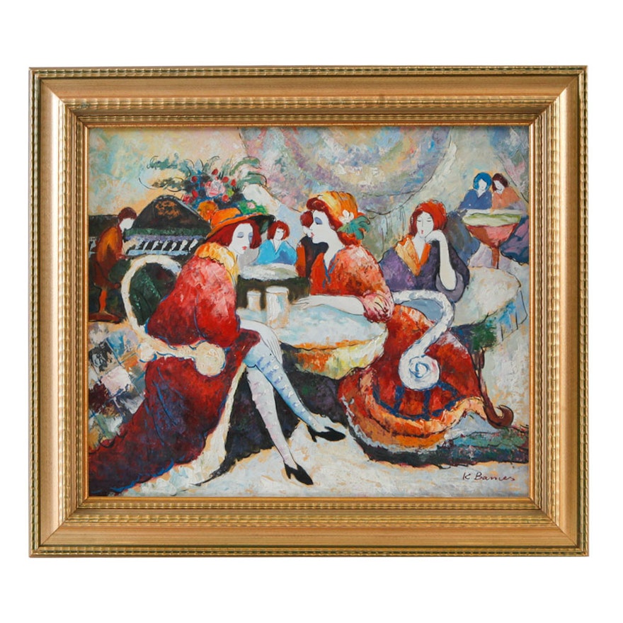 K. Barnes Signed Oil Painting of an Impressionistic Cafe Scene