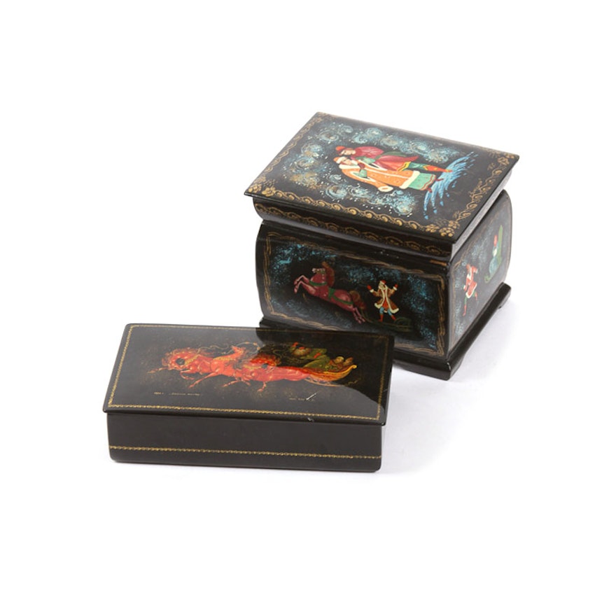 Russian Lacquered and Hand-Painted Trinket Boxes