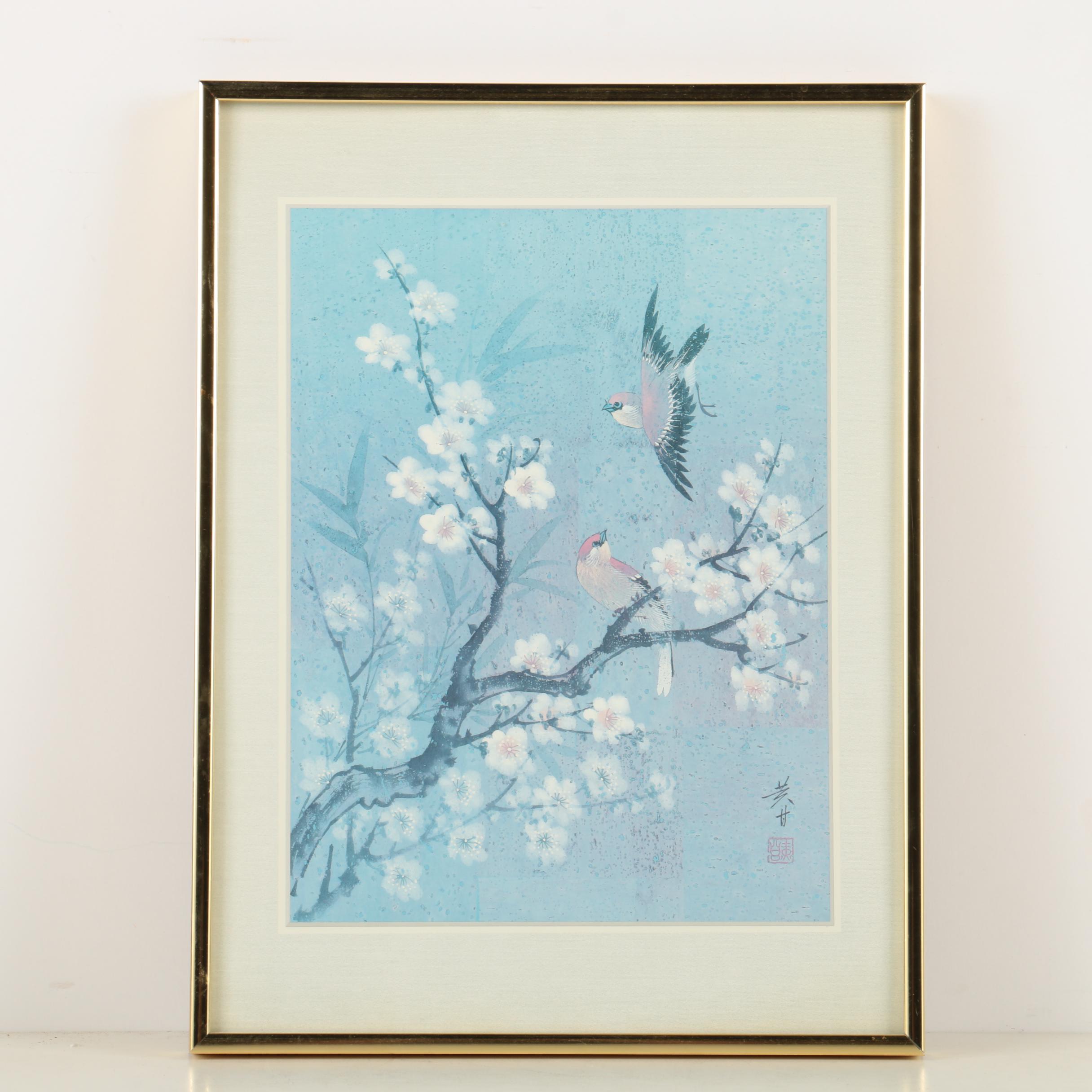 East Asian Style Offset Lithograph on Paper of Birds and Flowers