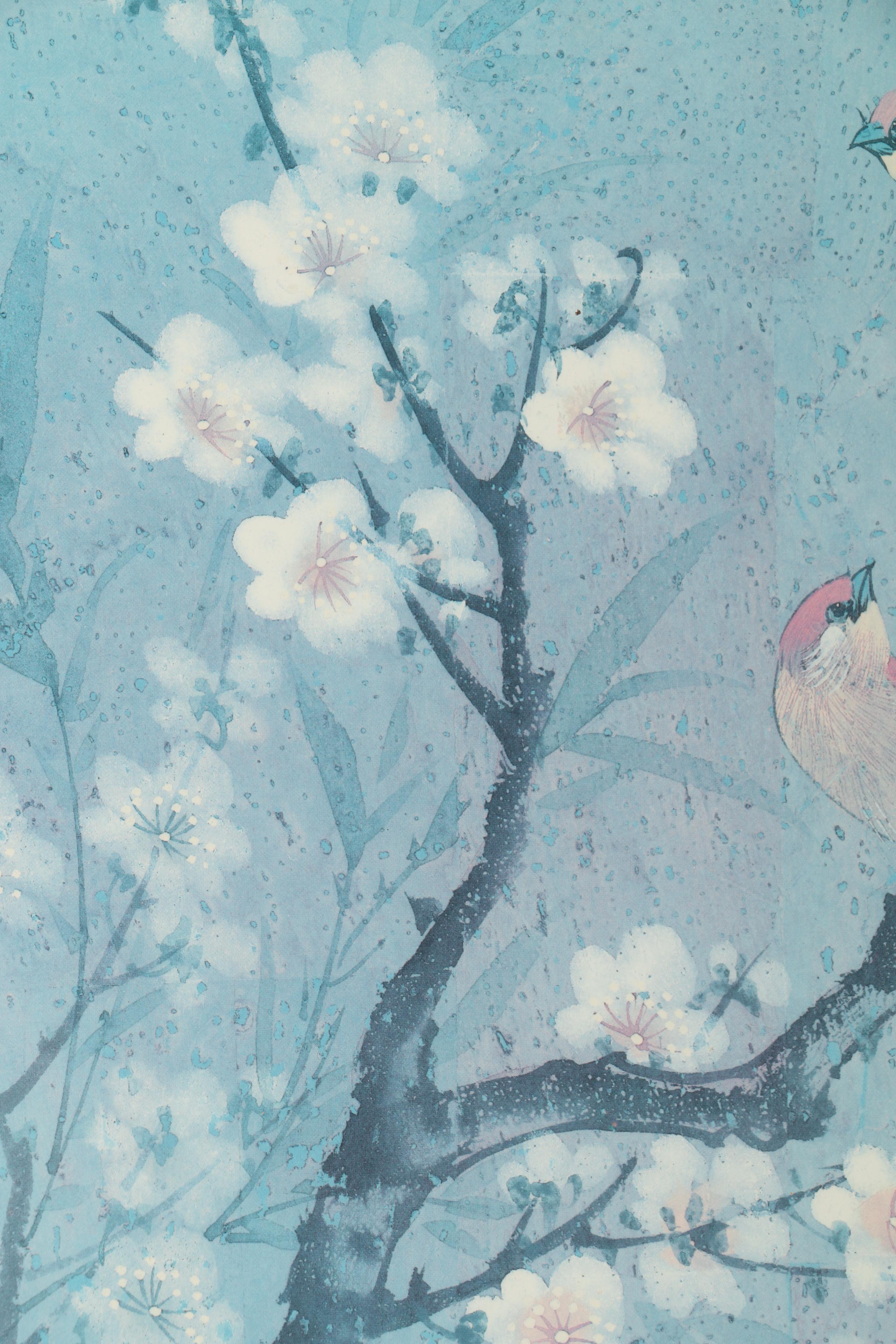 East Asian Style Offset Lithograph on Paper of Birds and Flowers