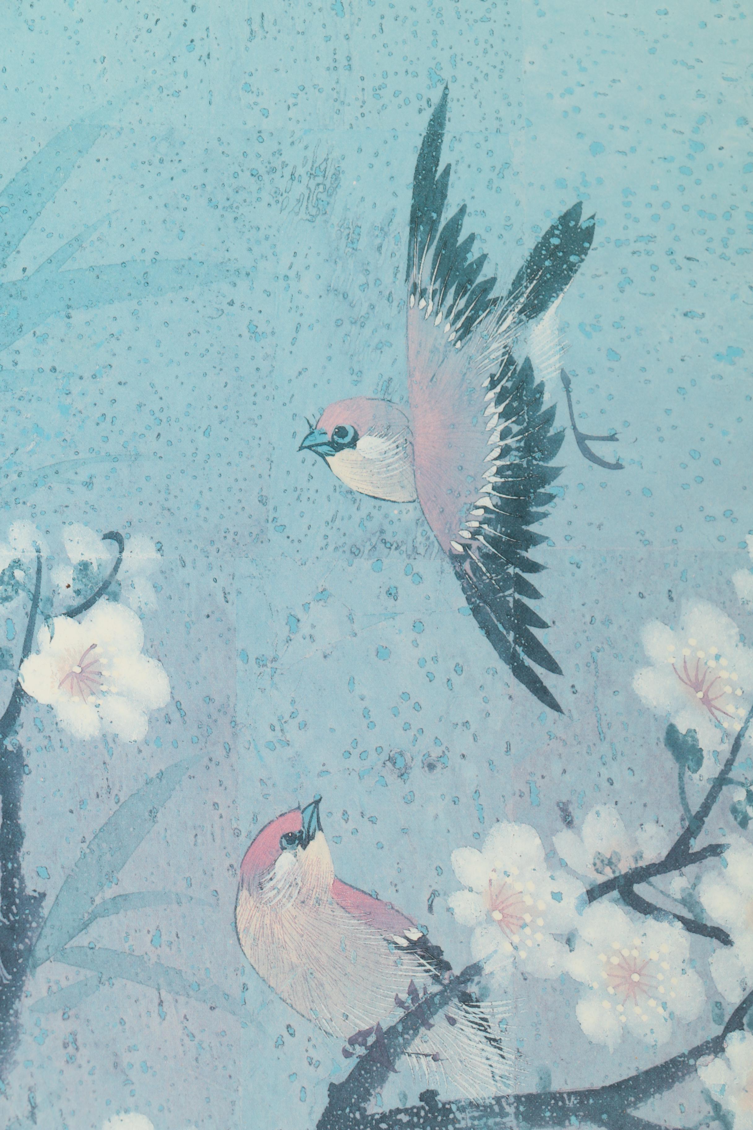 East Asian Style Offset Lithograph on Paper of Birds and Flowers