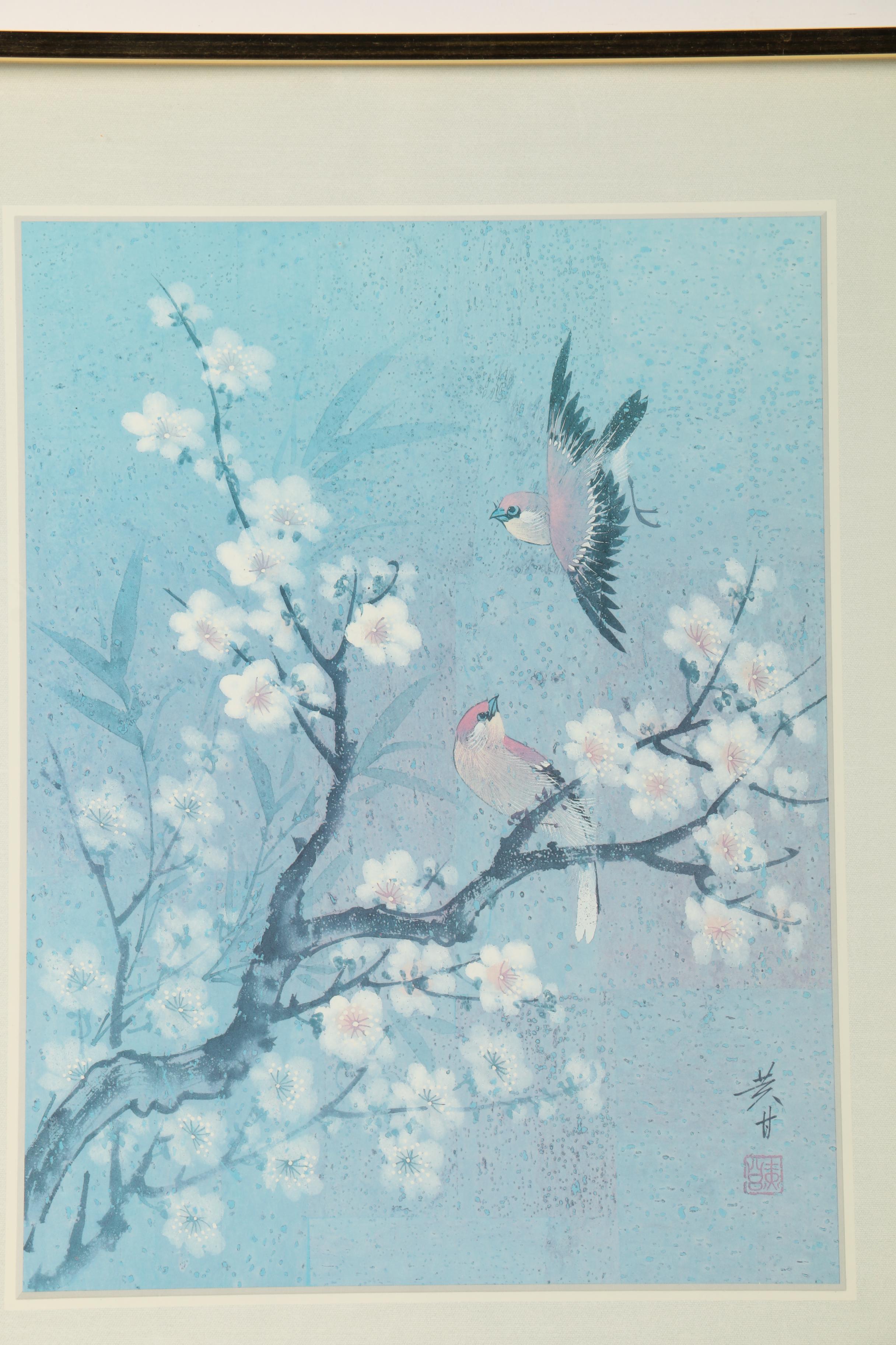 East Asian Style Offset Lithograph on Paper of Birds and Flowers