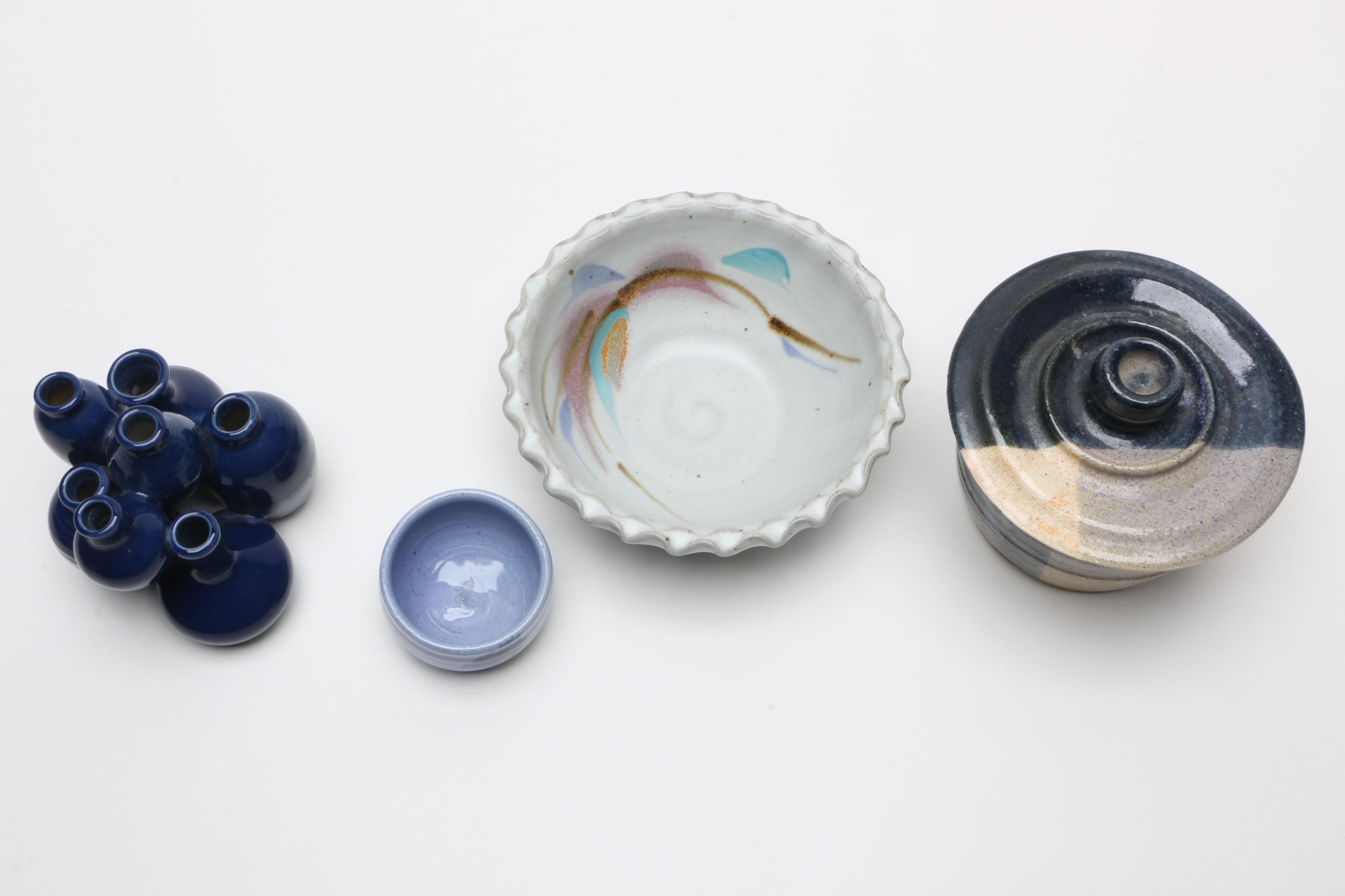 Collection of Blue Studio Pottery Including Vessel with Lid