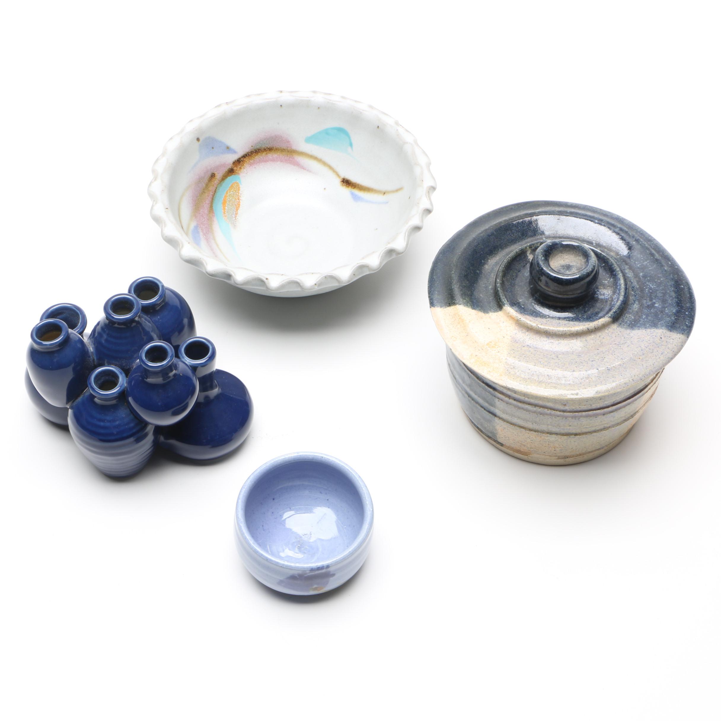 Collection of Blue Studio Pottery Including Vessel with Lid