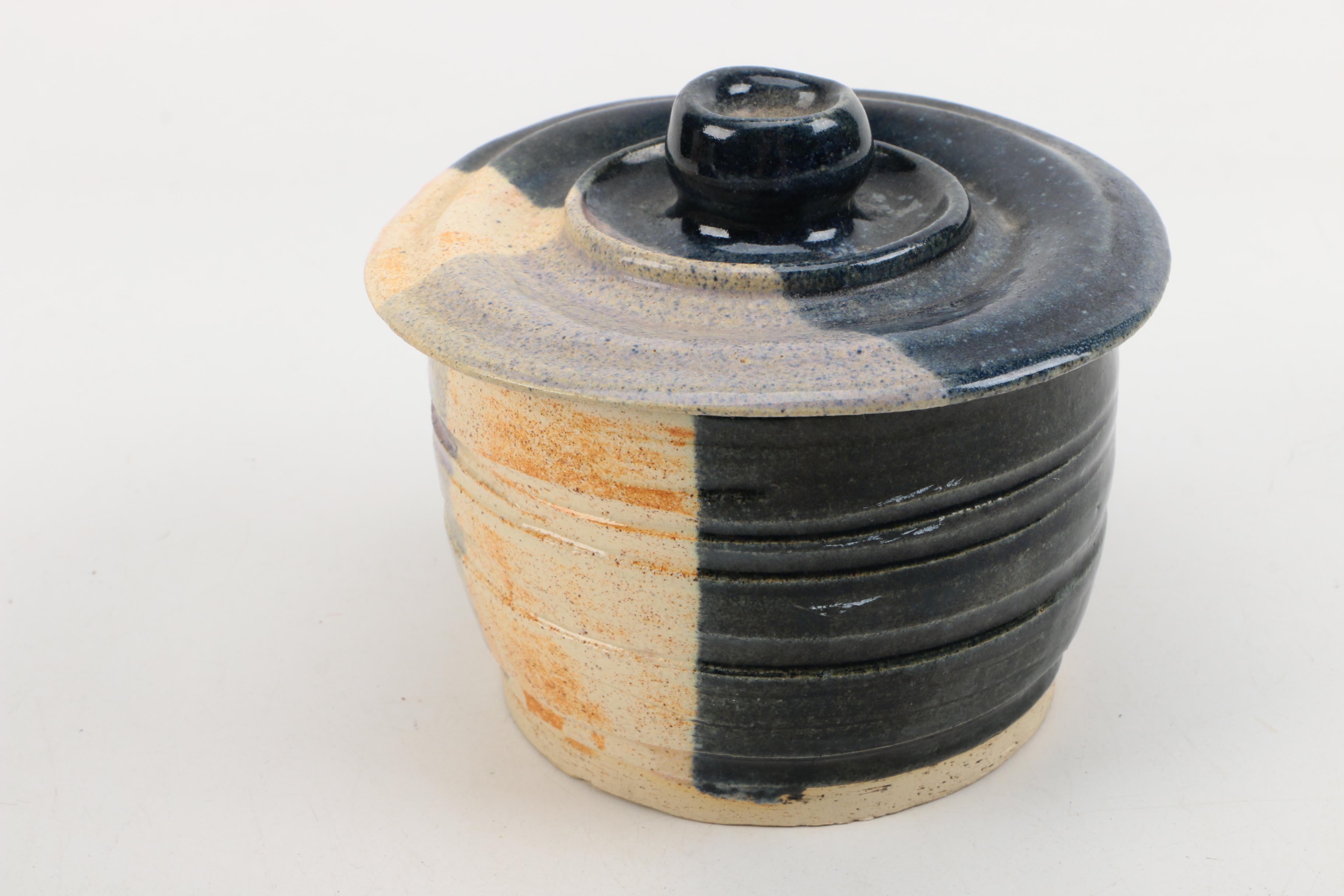 Collection of Blue Studio Pottery Including Vessel with Lid