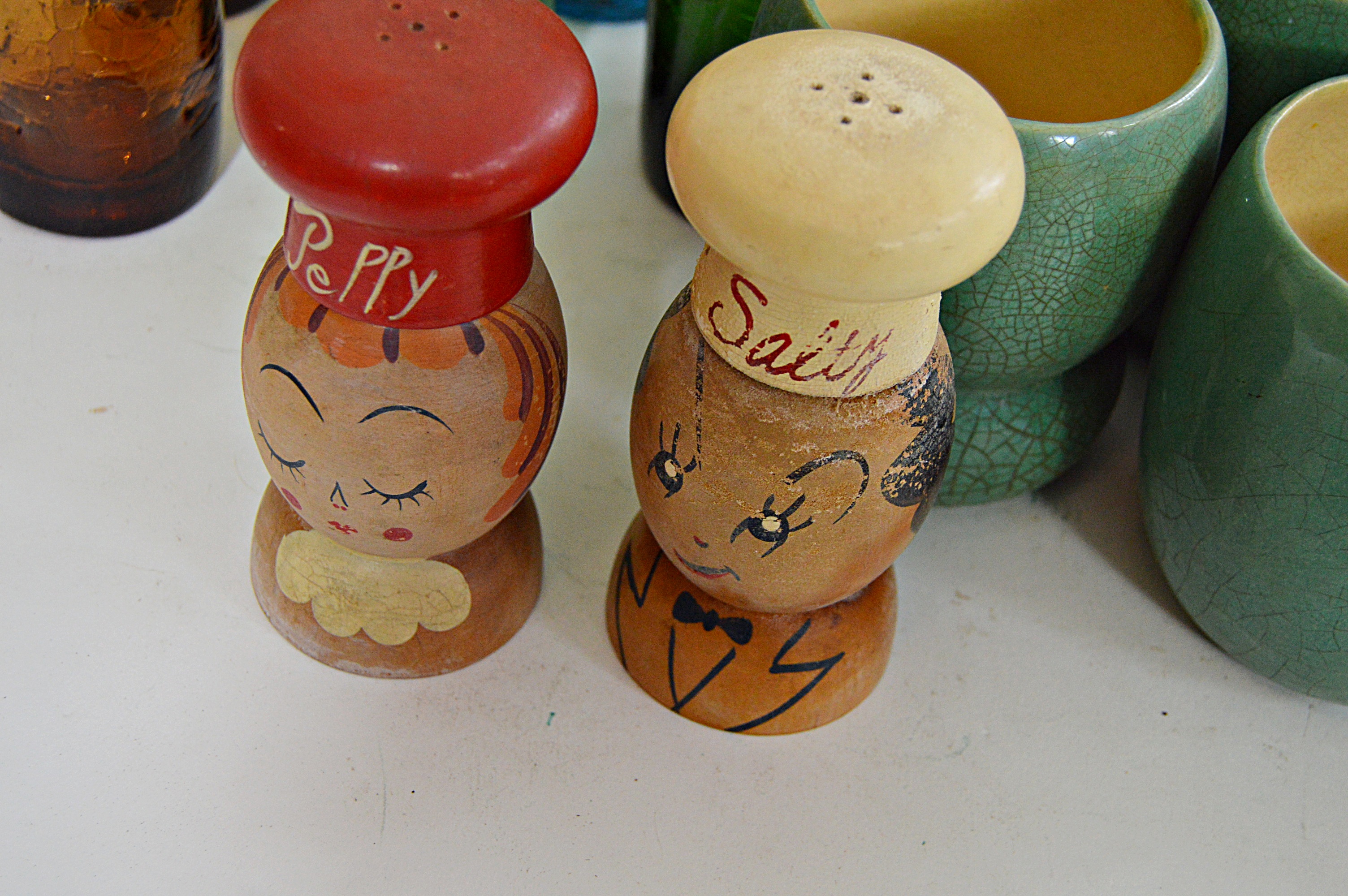 Mid Century Glassware, Pottery, Wooden Tray Including Hall and McCoy