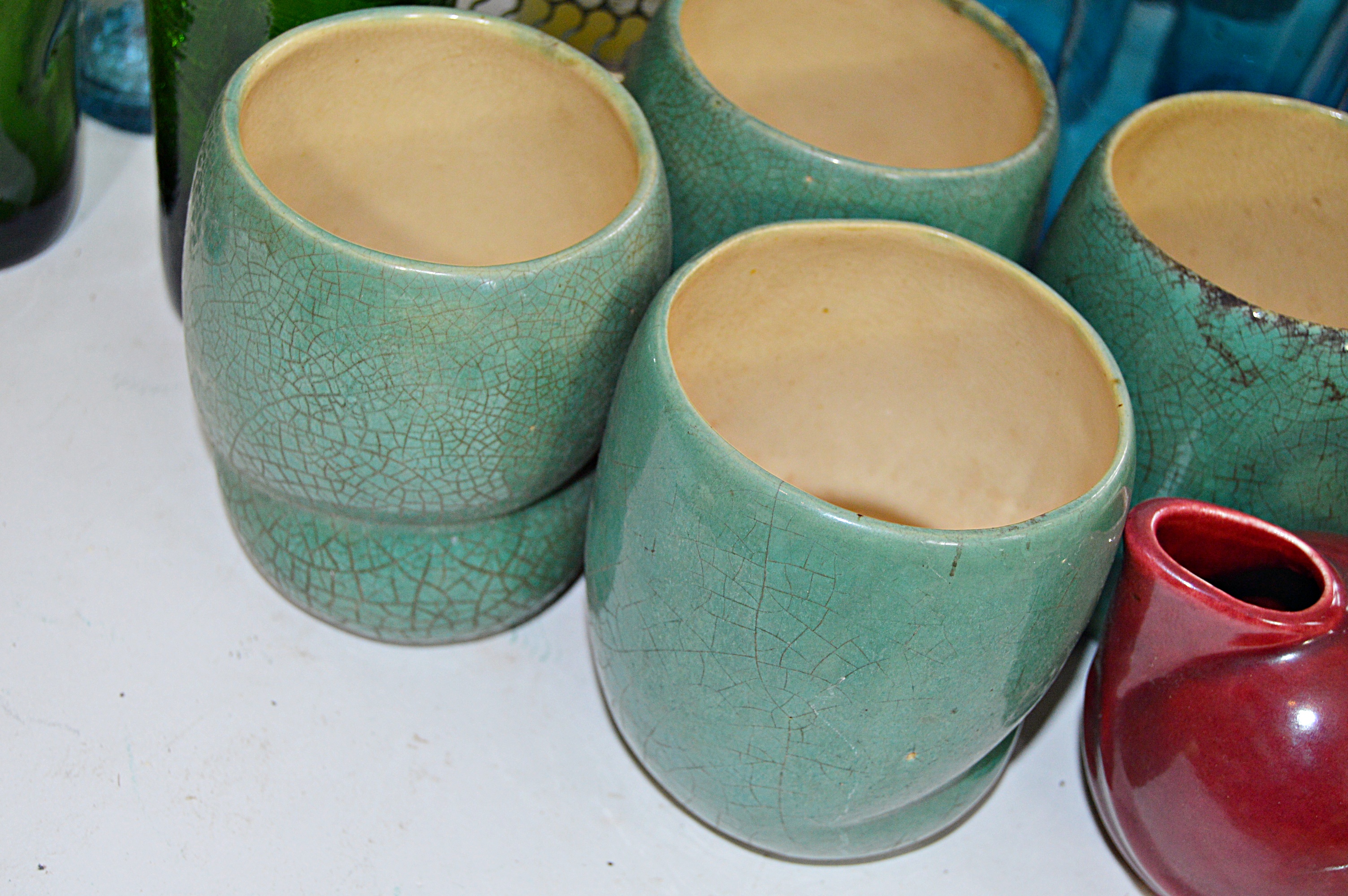 Mid Century Glassware, Pottery, Wooden Tray Including Hall and McCoy