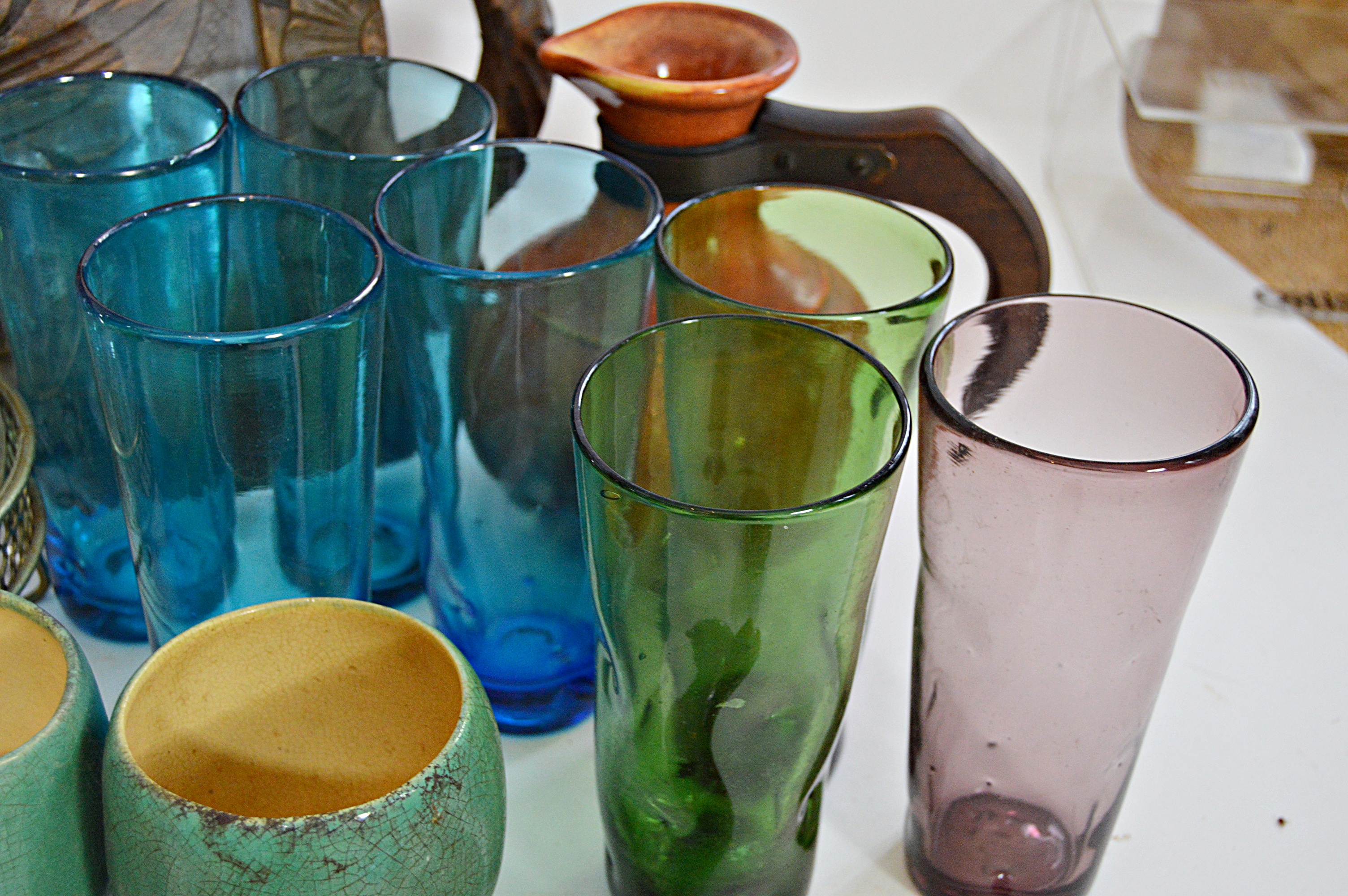 Mid Century Glassware, Pottery, Wooden Tray Including Hall and McCoy