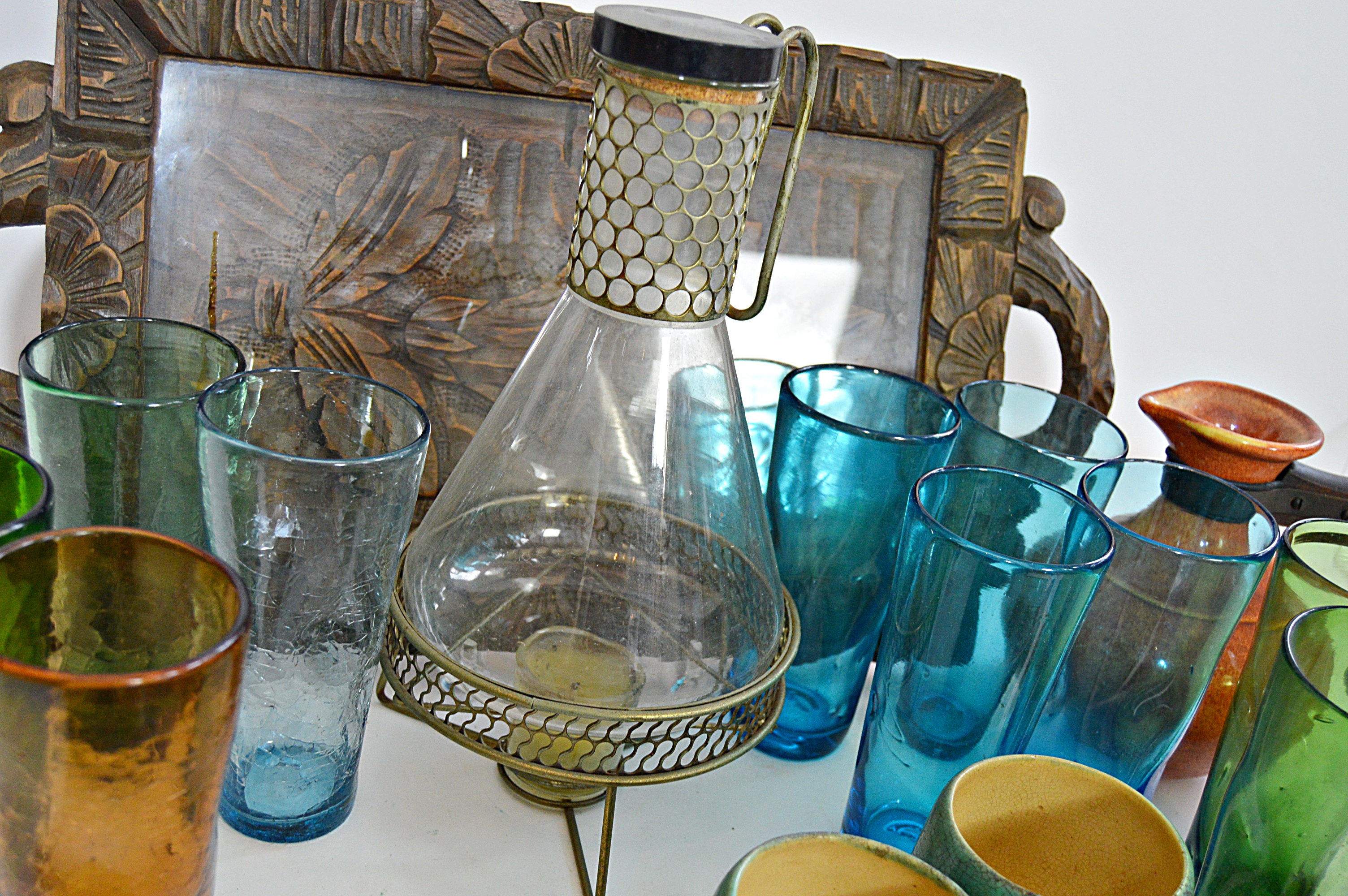 Mid Century Glassware, Pottery, Wooden Tray Including Hall and McCoy