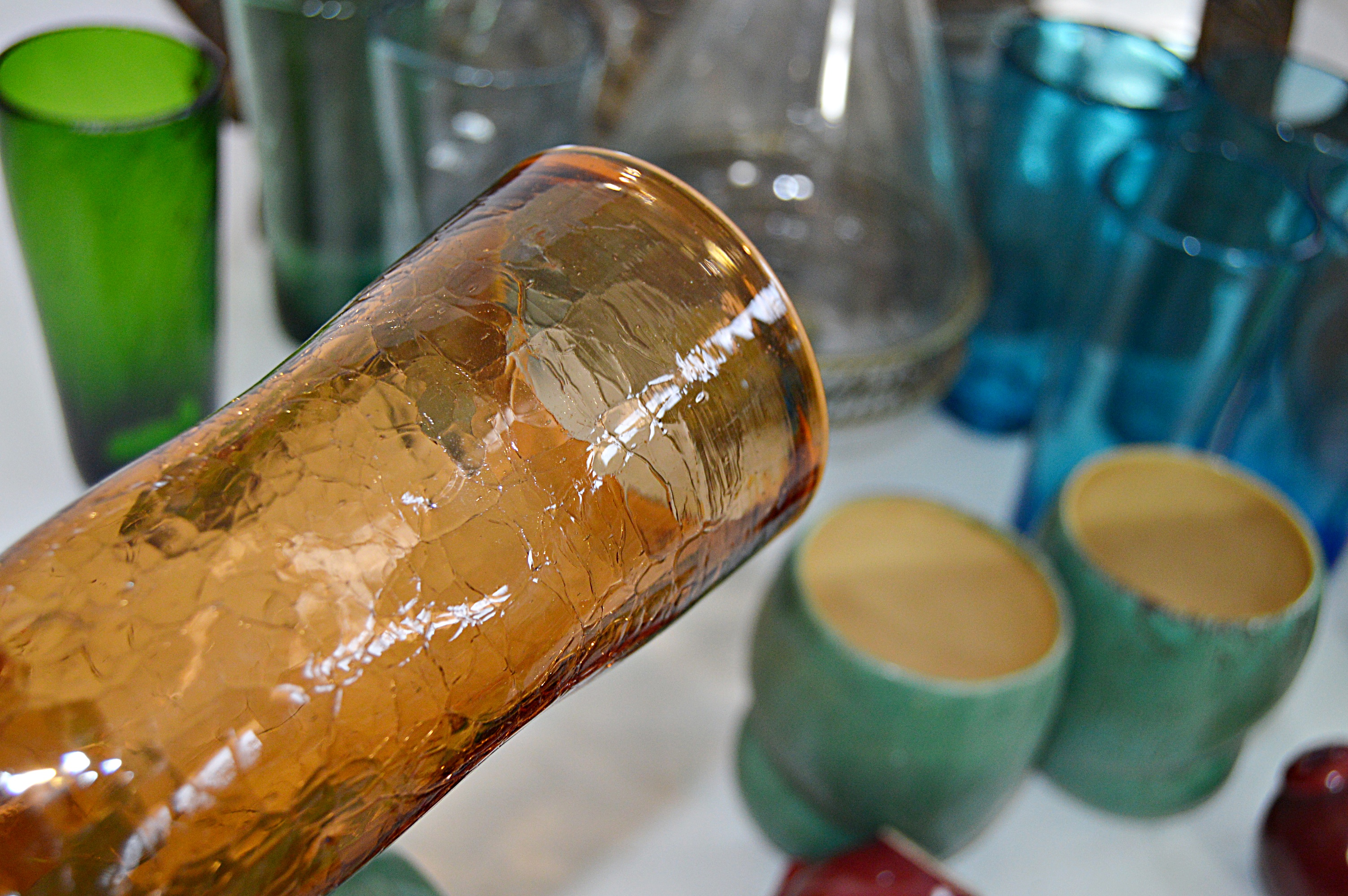 Mid Century Glassware, Pottery, Wooden Tray Including Hall and McCoy