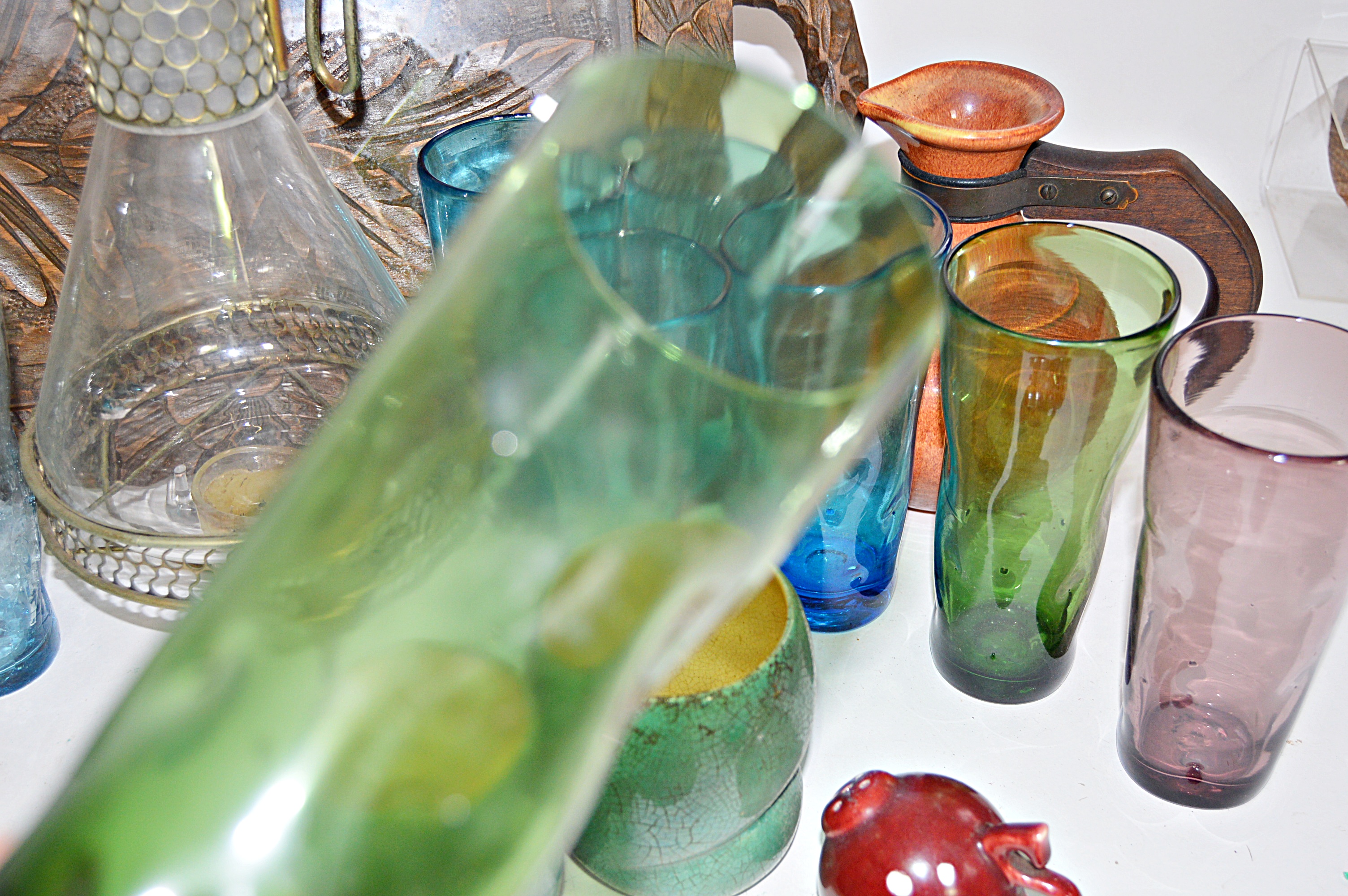 Mid Century Glassware, Pottery, Wooden Tray Including Hall and McCoy