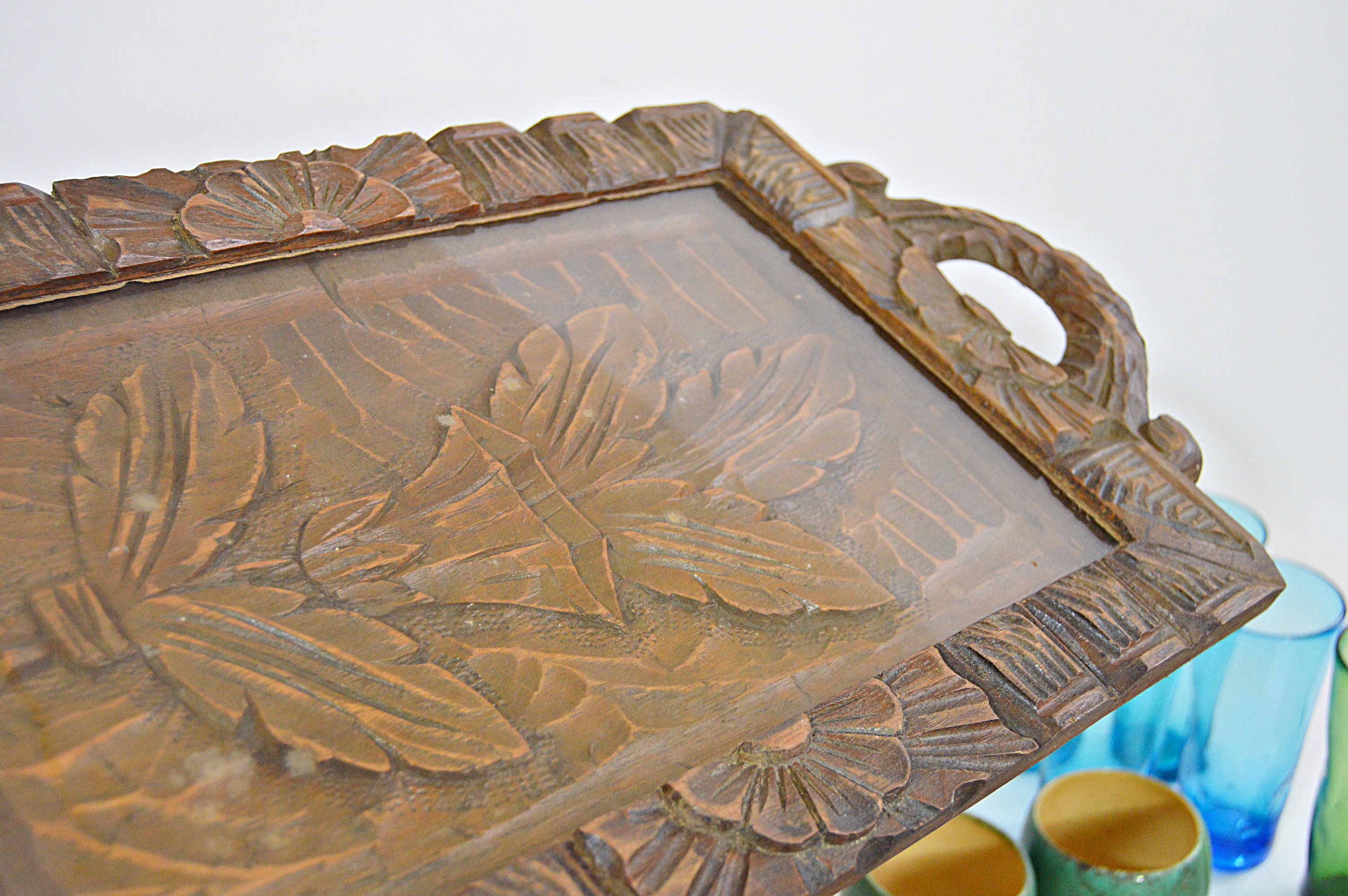 Mid Century Glassware, Pottery, Wooden Tray Including Hall and McCoy