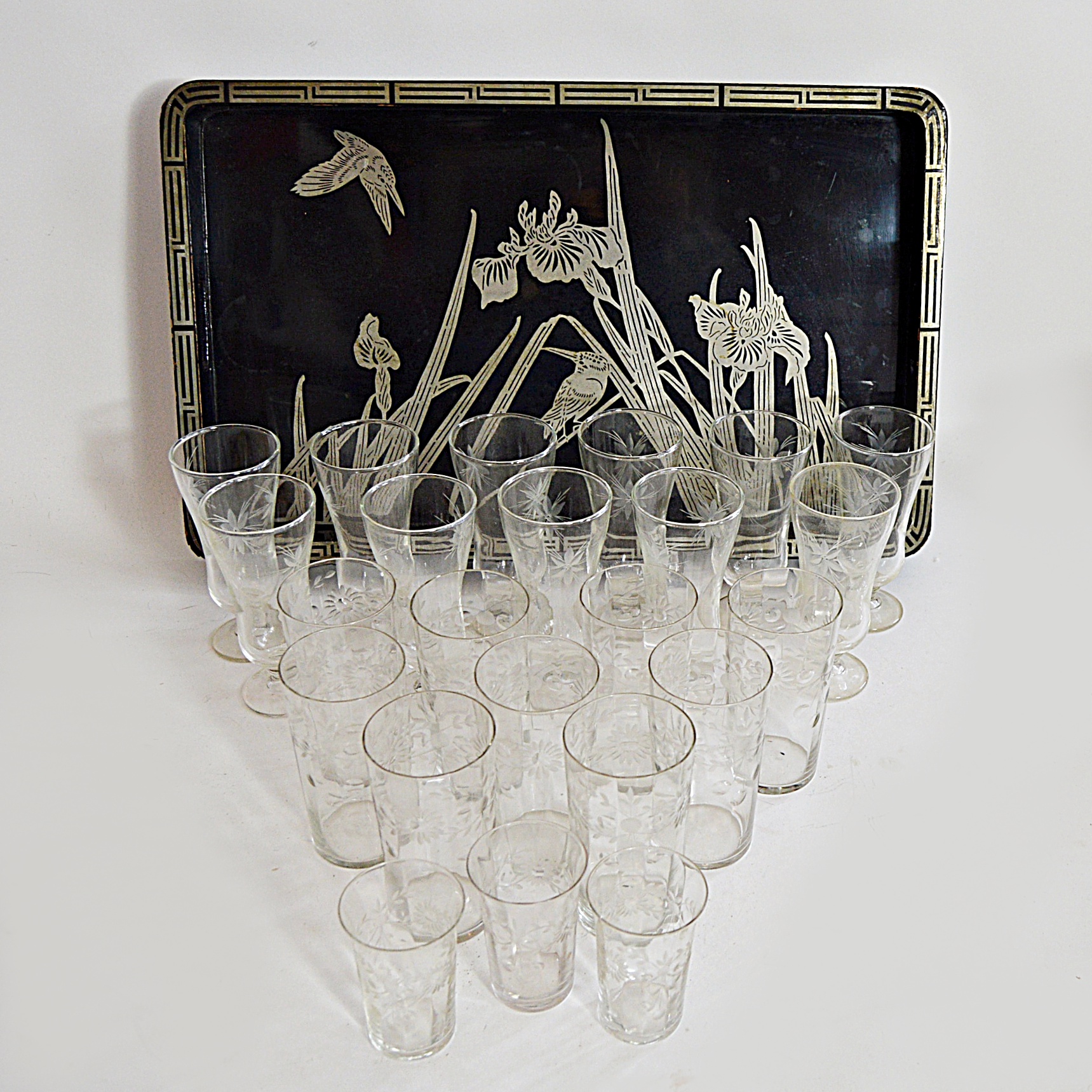 Art Deco Lacquered Tray and Vintage Etched Glassware