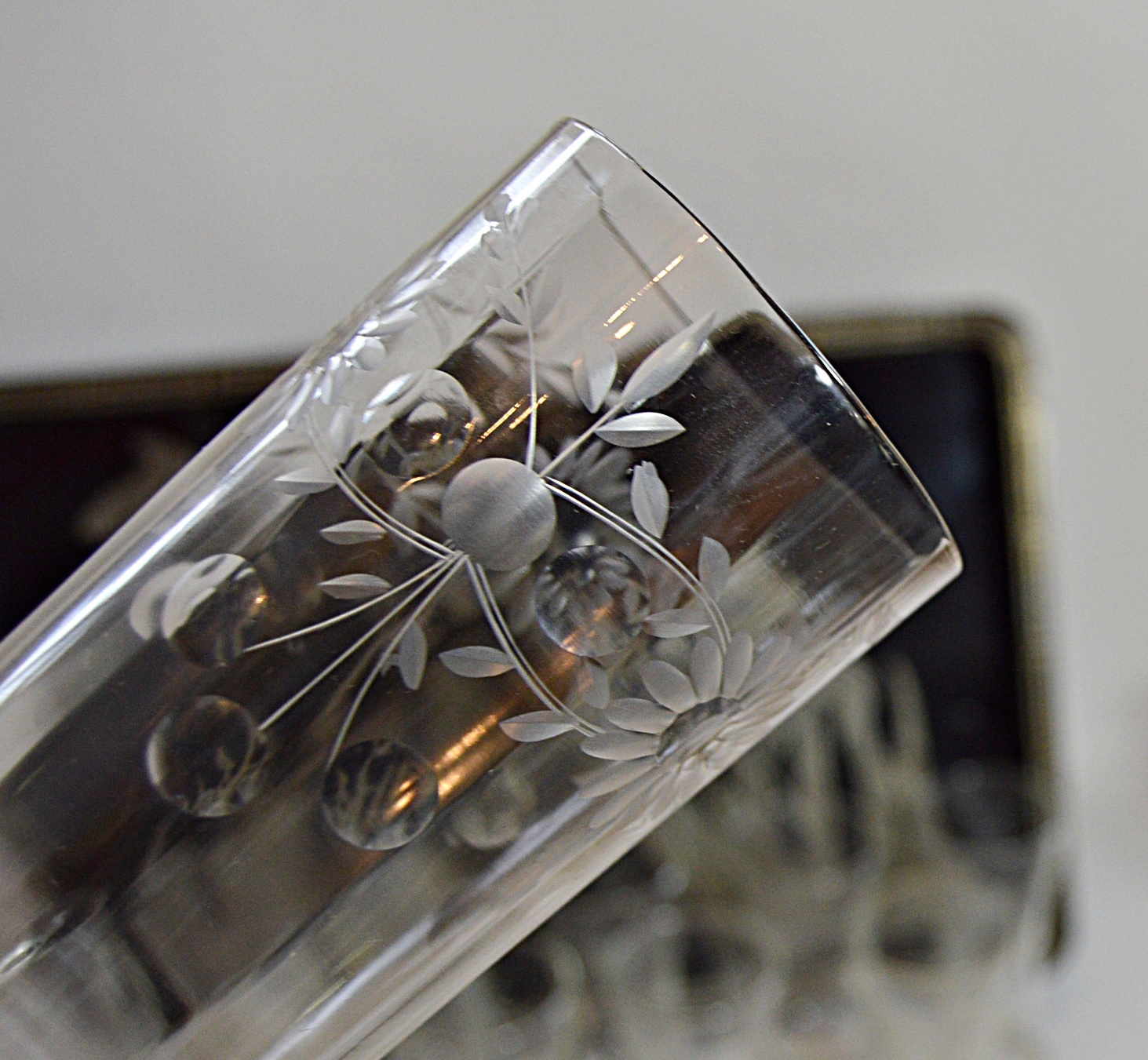 Art Deco Lacquered Tray and Vintage Etched Glassware