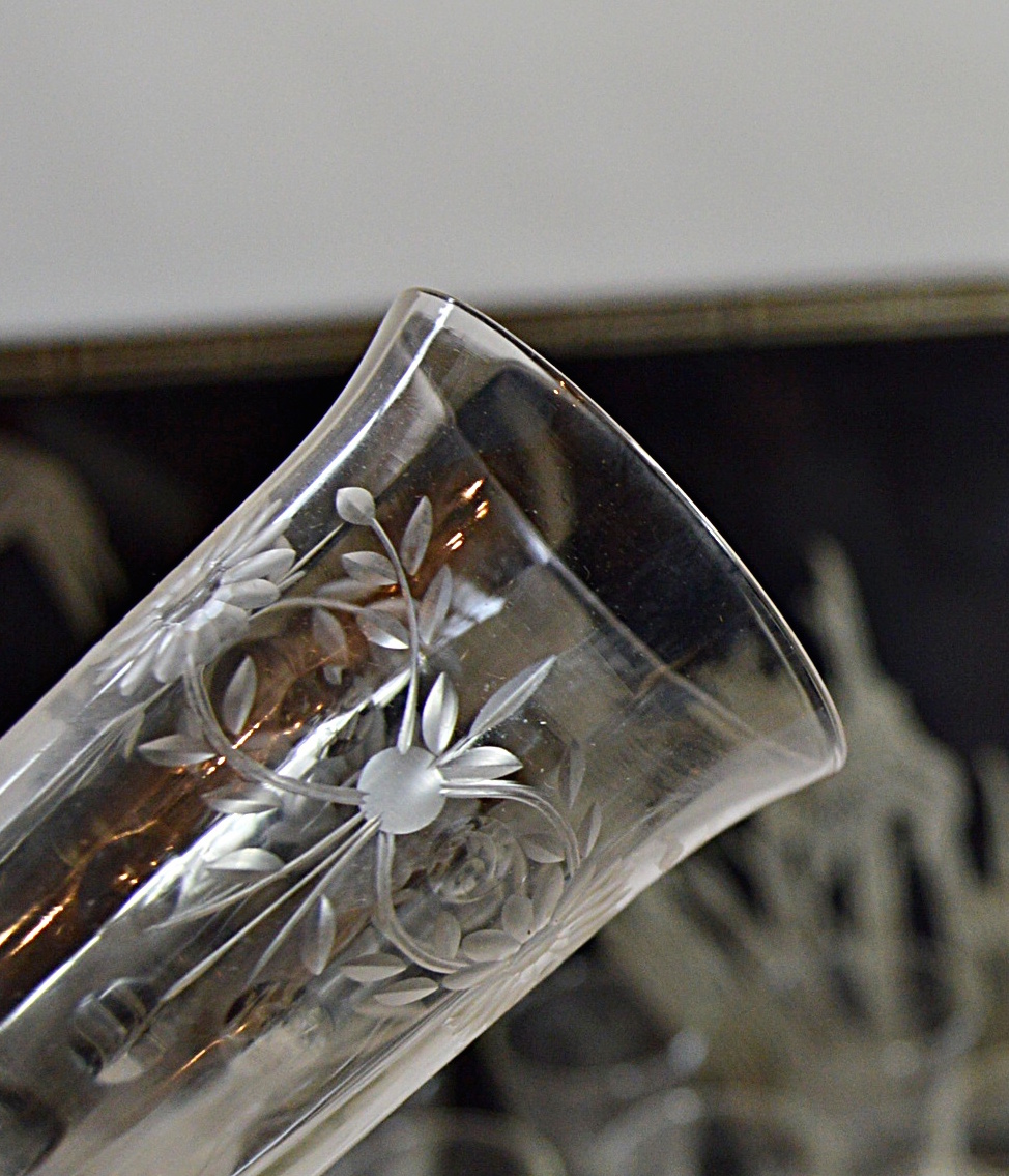 Art Deco Lacquered Tray and Vintage Etched Glassware