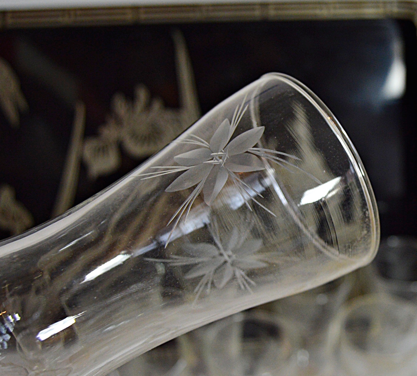 Art Deco Lacquered Tray and Vintage Etched Glassware