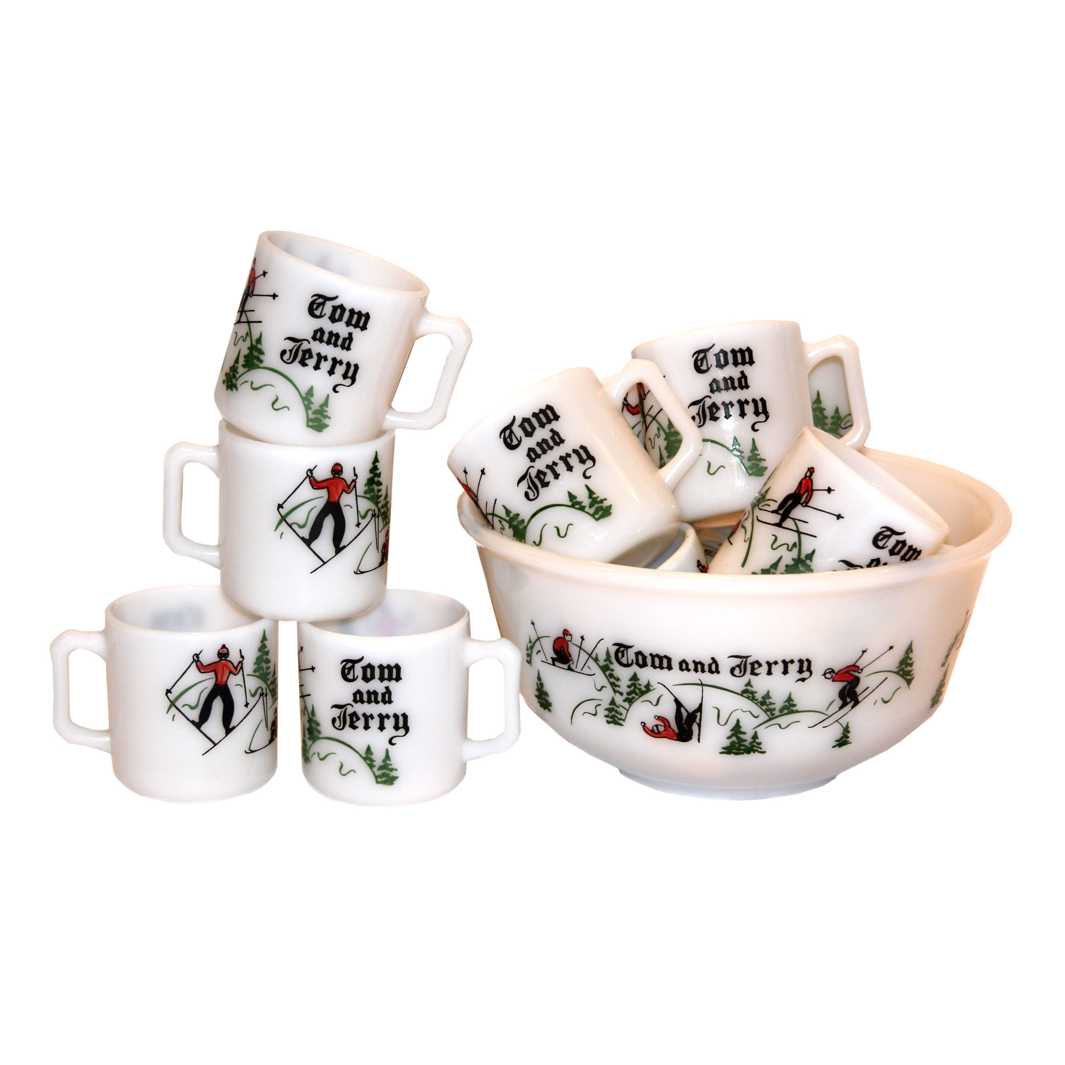 1930s Handpainted Tom & Jerry Milk Glass Bowl & Glasses