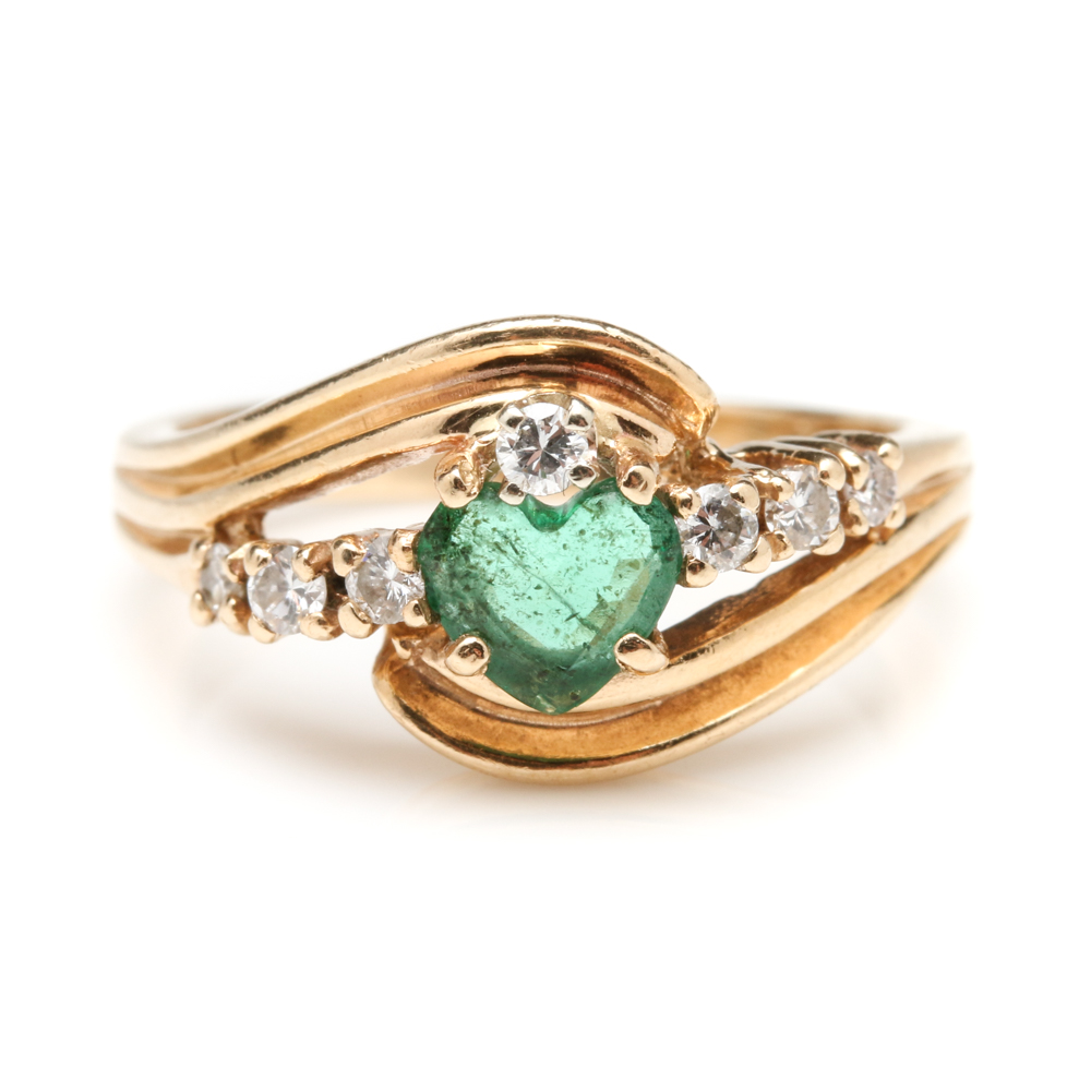 14K Yellow Gold Emerald and Diamond Ring