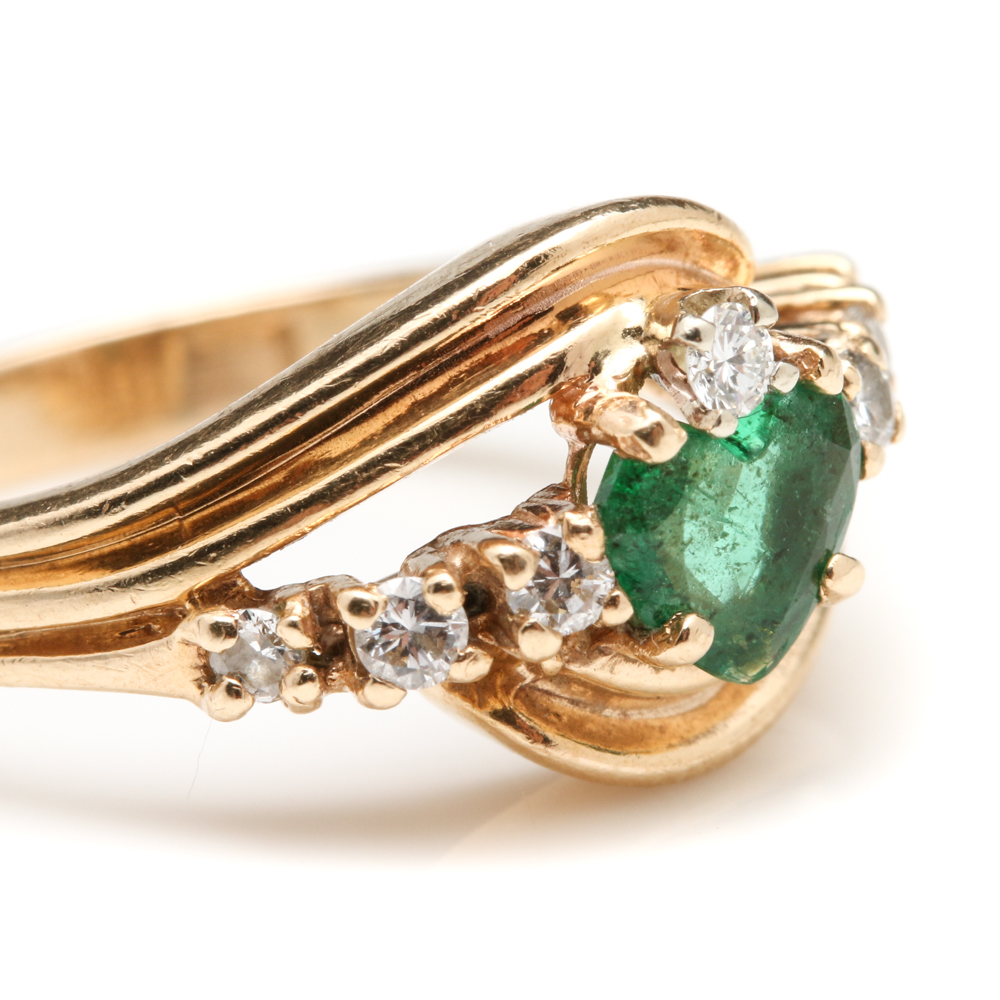 14K Yellow Gold Emerald and Diamond Ring