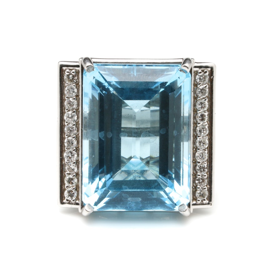 14K White Gold 77.23 CT Blue Topaz and 1.10 CTW Diamond Statement Ring