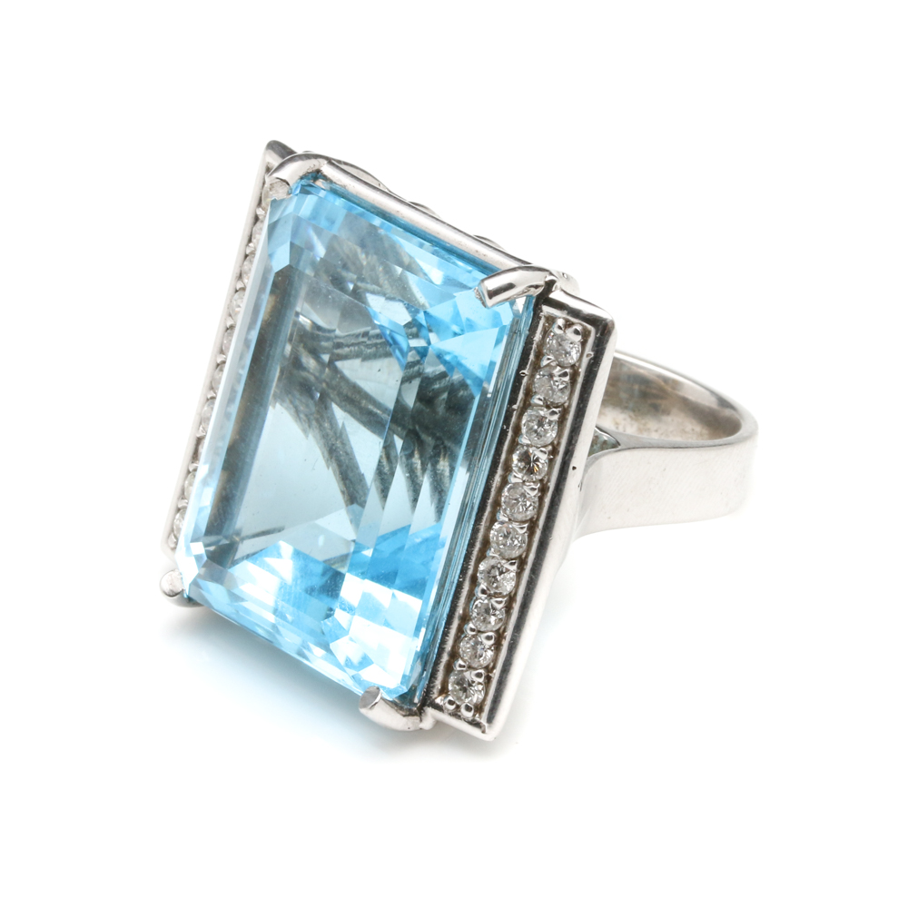 14K White Gold 77.23 CT Blue Topaz and 1.10 CTW Diamond Statement Ring
