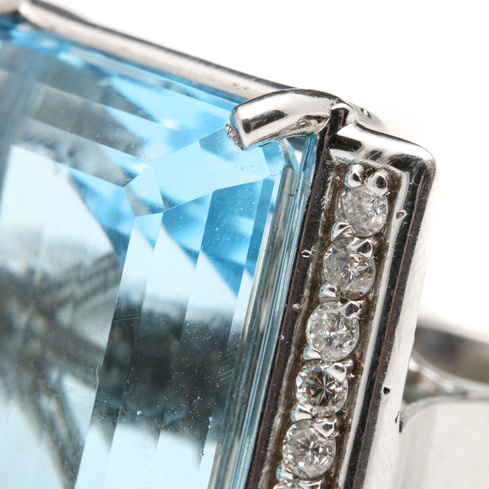 14K White Gold 77.23 CT Blue Topaz and 1.10 CTW Diamond Statement Ring