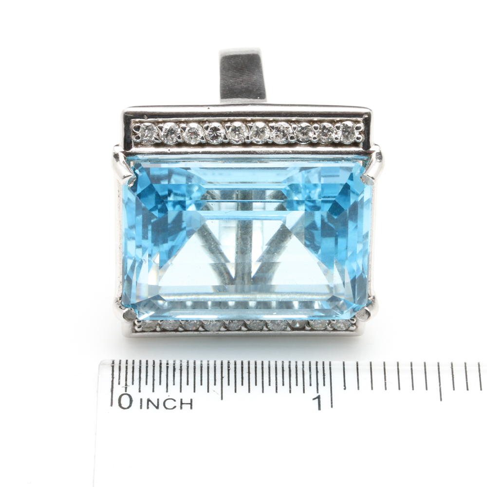 14K White Gold 77.23 CT Blue Topaz and 1.10 CTW Diamond Statement Ring