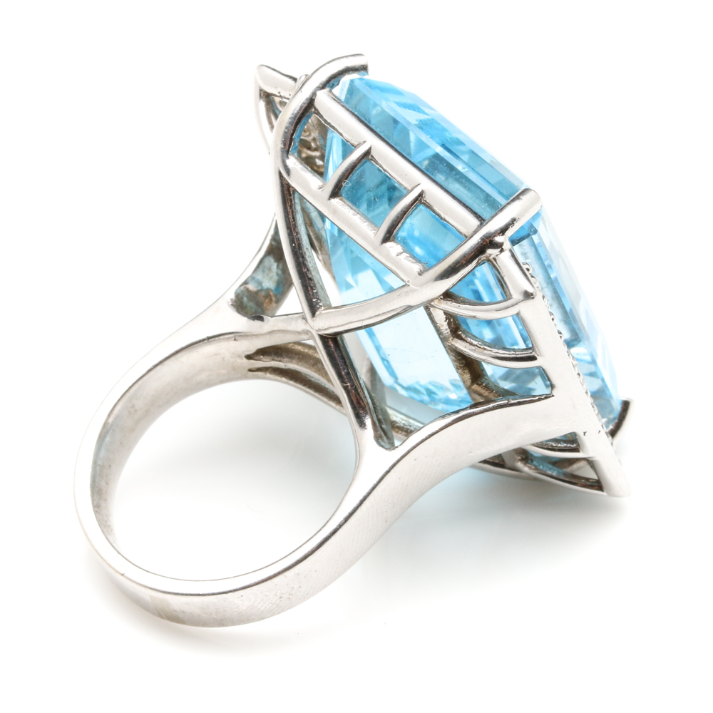 14K White Gold 77.23 CT Blue Topaz and 1.10 CTW Diamond Statement Ring