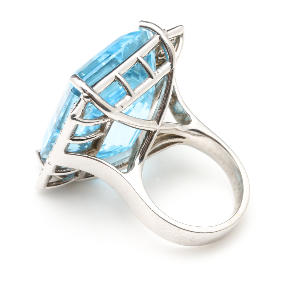 14K White Gold 77.23 CT Blue Topaz and 1.10 CTW Diamond Statement Ring