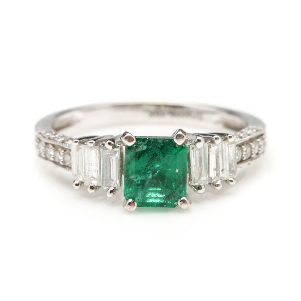 18K White Gold Emerald and Diamond Ring
