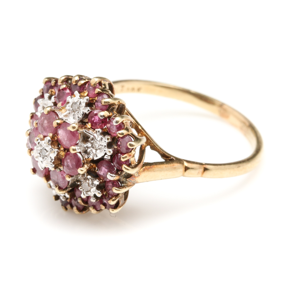 10K Yellow Gold Ruby and Diamond Cluster Ring