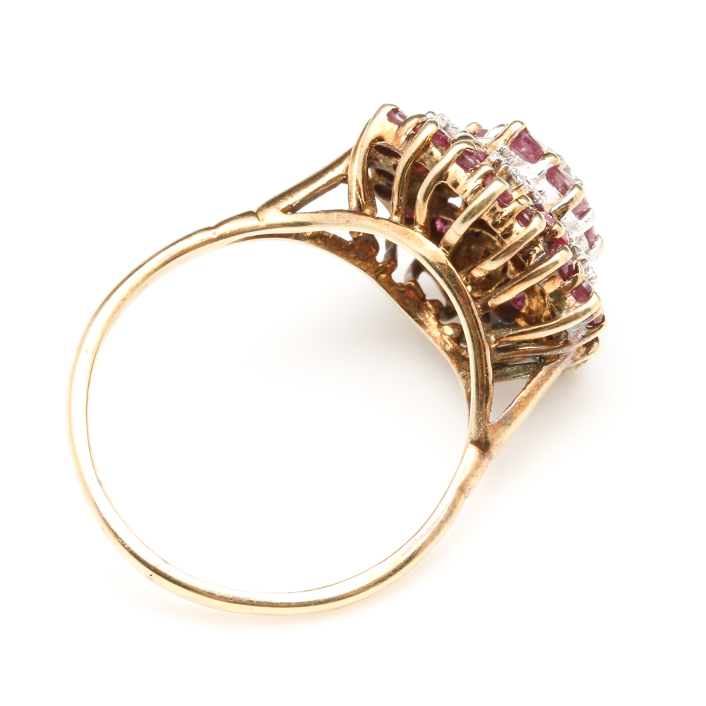 10K Yellow Gold Ruby and Diamond Cluster Ring