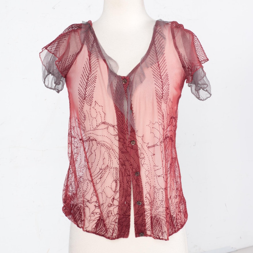 Fendi Burgundy and Grey Mesh Blouse