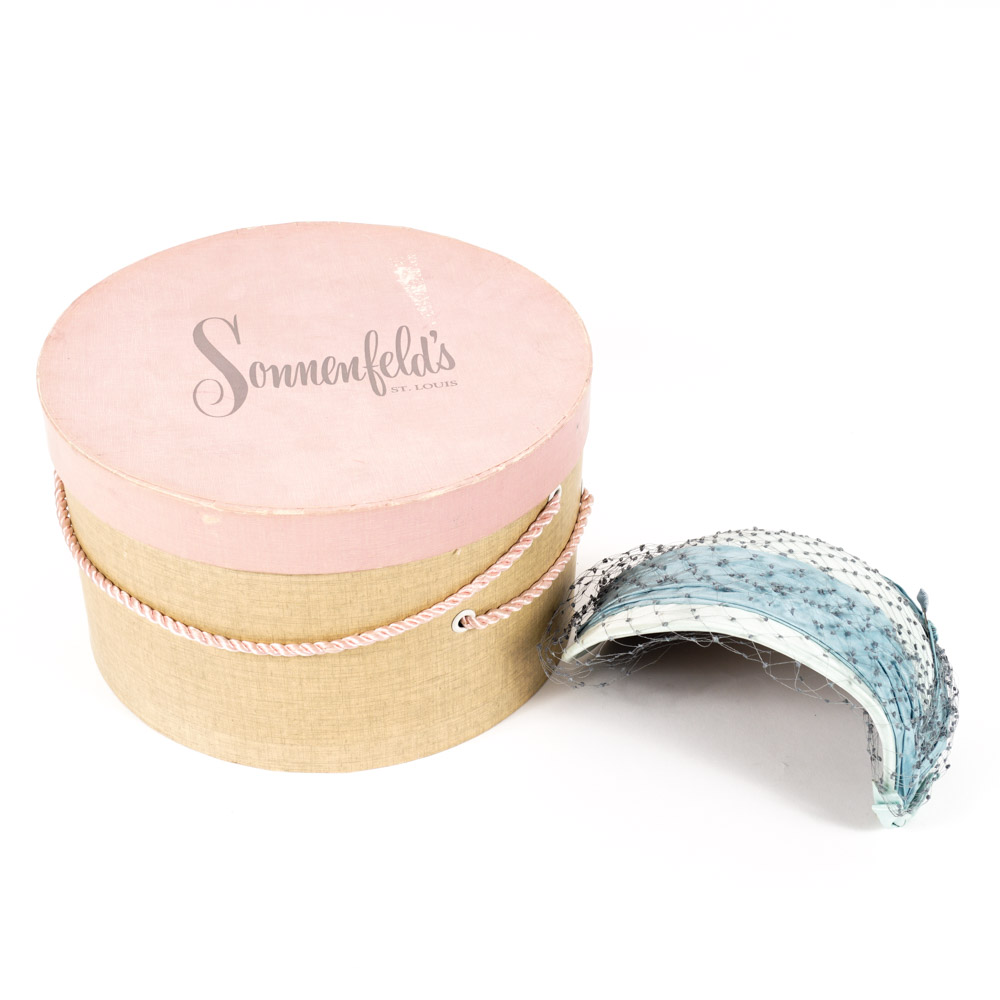 Vintage Chanda Blue Silk Cocktail Hat with Sonnenfeld's Hat Box