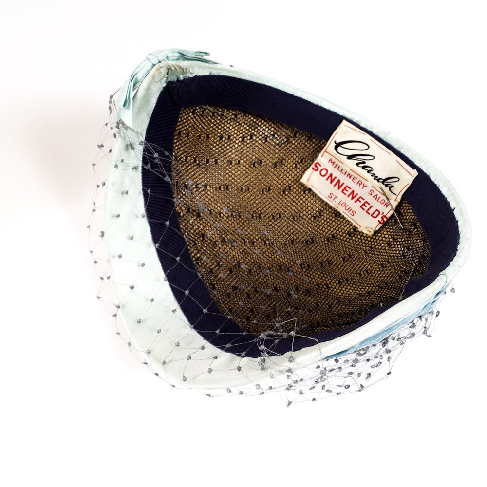 Vintage Chanda Blue Silk Cocktail Hat with Sonnenfeld's Hat Box