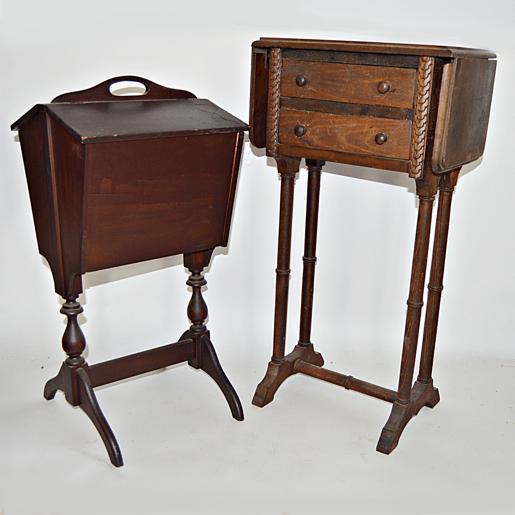 Vintage Wood Sewing Stands with Sewing Supplies, Vintage Fabrics