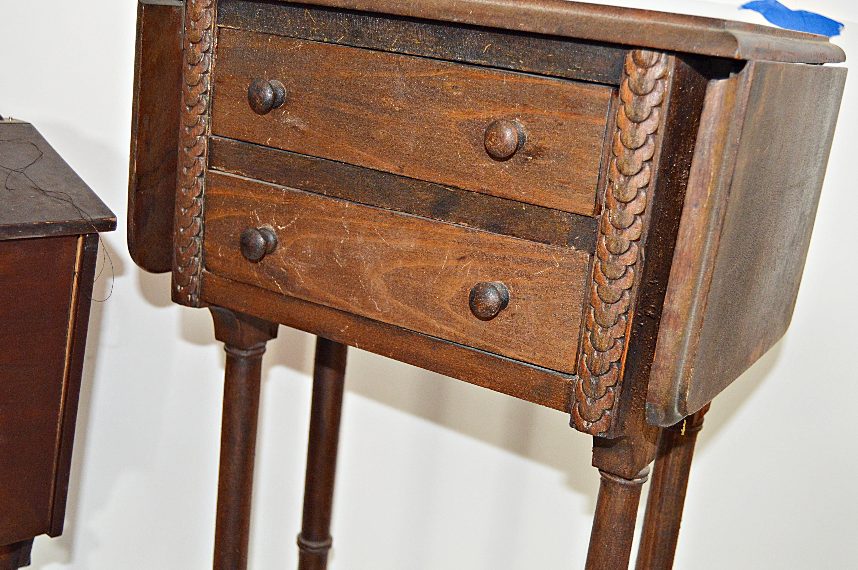 Vintage Wood Sewing Stands with Sewing Supplies, Vintage Fabrics