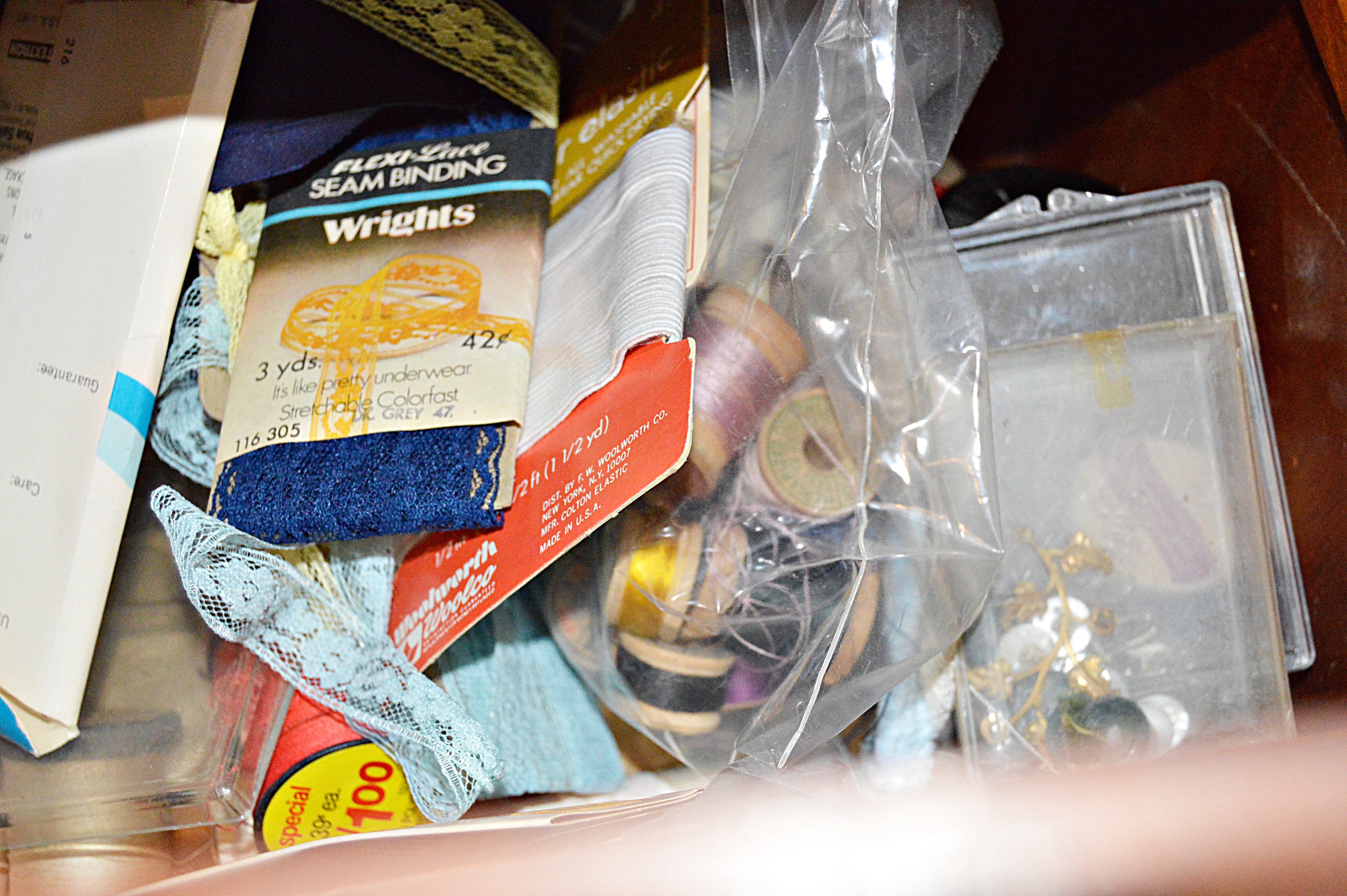 Vintage Wood Sewing Stands with Sewing Supplies, Vintage Fabrics