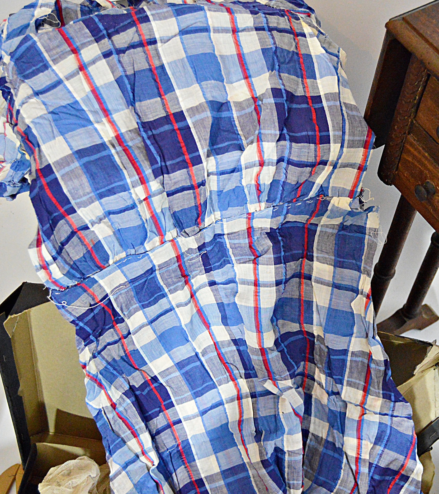 Vintage Wood Sewing Stands with Sewing Supplies, Vintage Fabrics