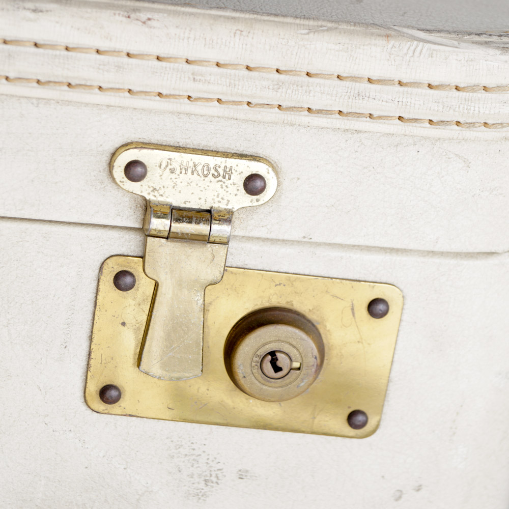 White Oshkosh Suitcase and Other Vintage Luggage