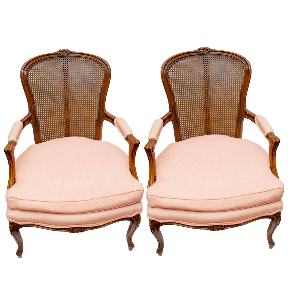 French Louis XV Style Cane Back Armchairs