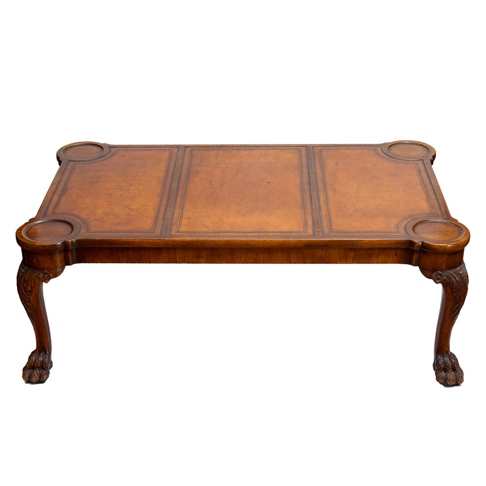Georgian Style Mahogany Paw Foot Coffee Table with Leather Top