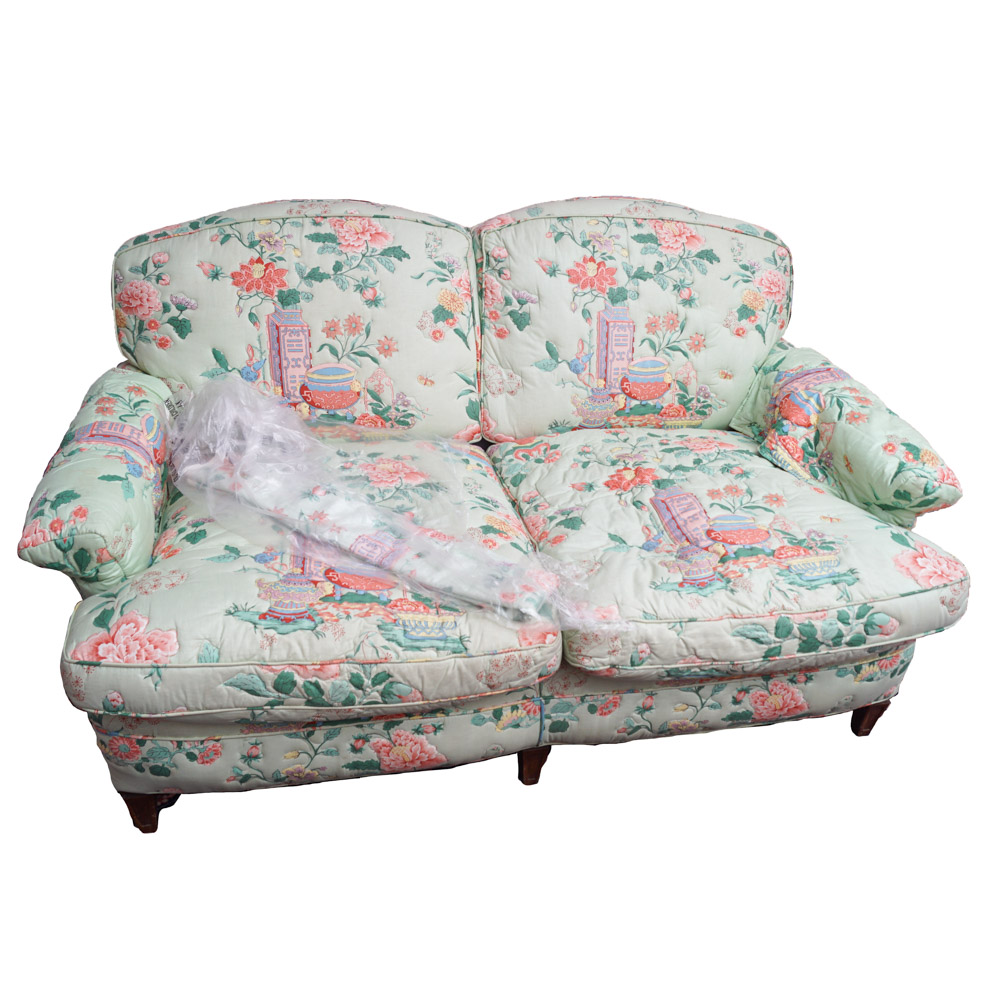 Quilted Chintz Upholstered  Loveseat with East Asian Pattern