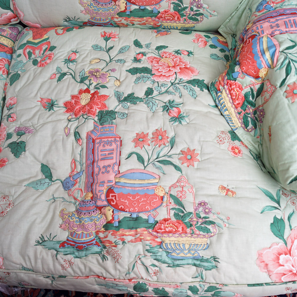 Quilted Chintz Upholstered  Loveseat with East Asian Pattern