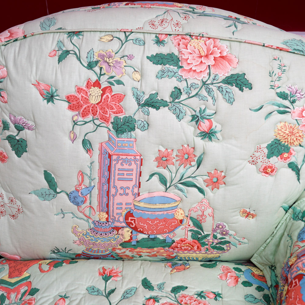 Quilted Chintz Upholstered  Loveseat with East Asian Pattern