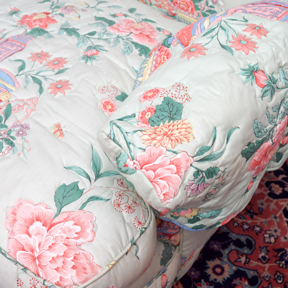 Quilted Chintz Upholstered  Loveseat with East Asian Pattern