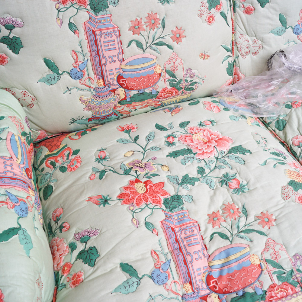 Quilted Chintz Upholstered  Loveseat with East Asian Pattern